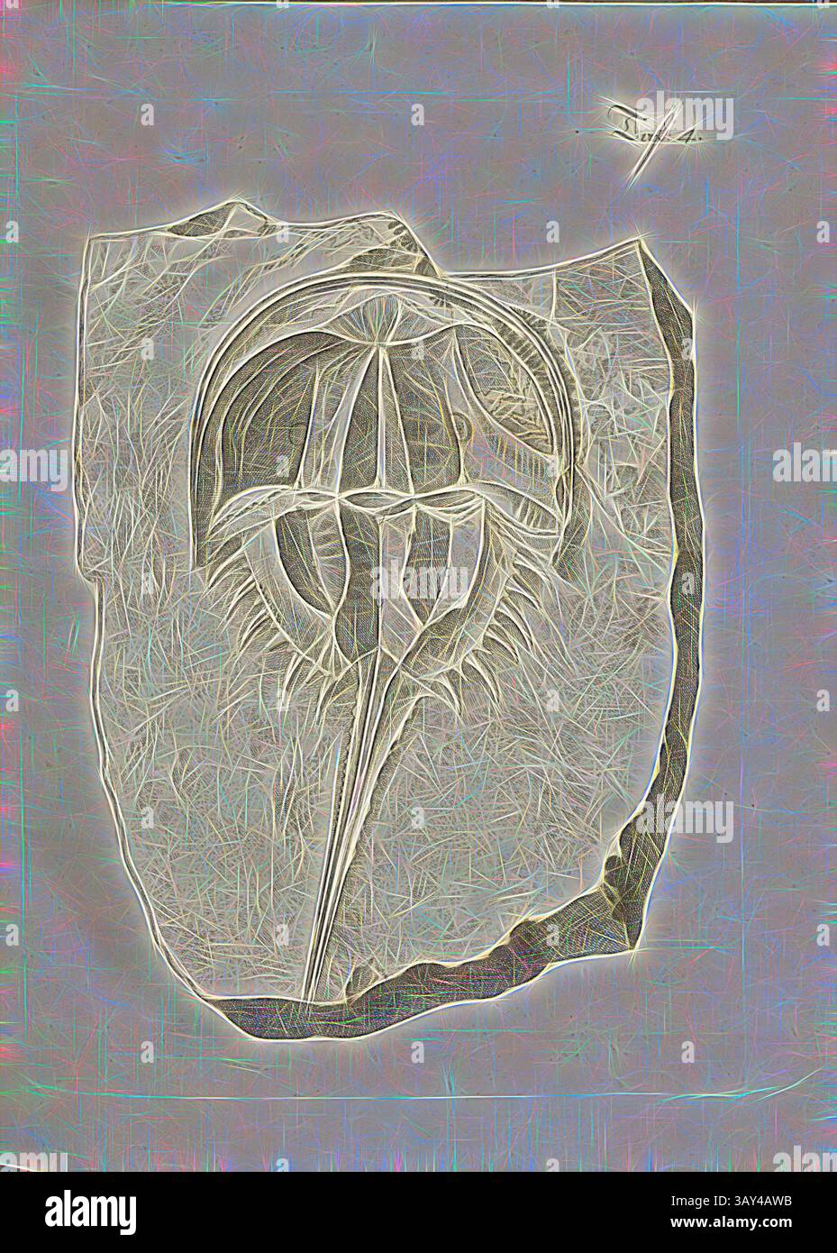 Une représentation détaillée d'une créature fossilisée, présentant des motifs complexes et des textures sur un fond contrasté, mettant en évidence l'art naturel de la vie ancienne., fossile de cancer, pétrification en ardoise : crabe mochucan, cuivre, plaque 4, après p. 34, Johann Gerhard Reinhard Andreae, Briefe aus der Schweiz. Nach Hannover geschrieben in dem Jare 1763. Zürich [etc] : BEI Joh. Caspar Füessli Sohn [etc], 1776, Art classique avec une touche moderne réinventée par Artotop Banque D'Images