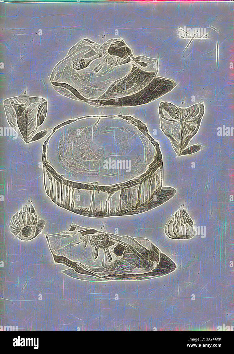 Une collection de formes abstraites et de formes ressemblant à des objets naturels, avec des motifs et des textures complexes, disposés harmonieusement sur une surface plane., fossiles 5, pétrification des coquillages et des oursins, plaque de cuivre, plaque 14, après p. 266, Johann Gerhard Reinhard Andreae, Briefe aus der Schweiz. Nach Hannover geschrieben in dem Jare 1763. Zürich [etc] : BEI Joh. Caspar Füessli Sohn [etc], 1776, Art classique avec une touche moderne réinventée par Artotop Banque D'Images