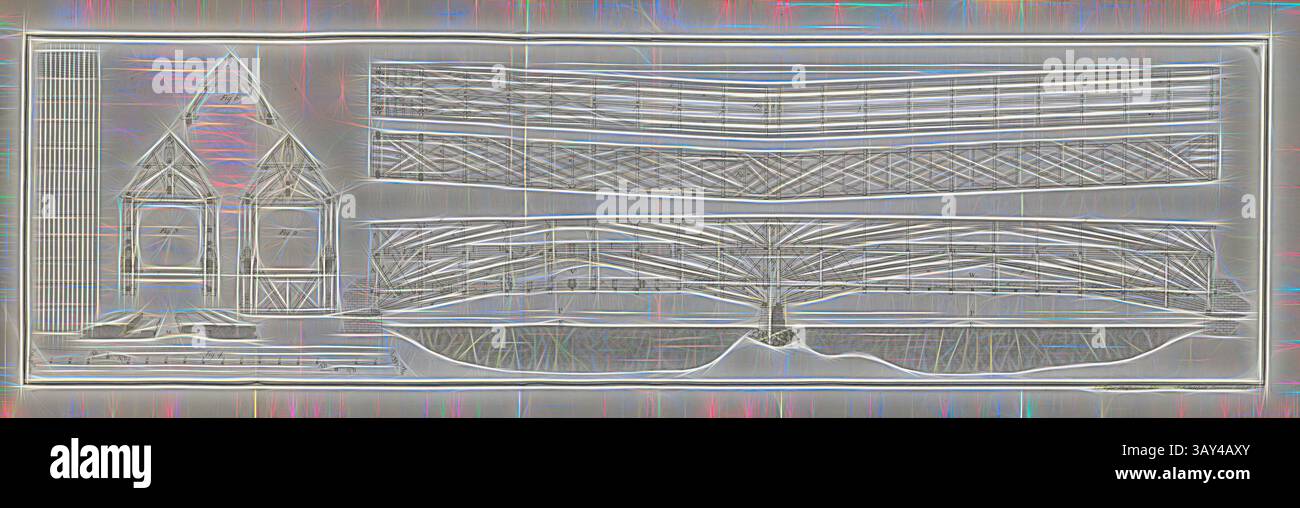 Une conception architecturale conceptuelle combinant une structure traditionnelle avec deux toits en pointe ainsi qu'un design de bâtiment moderne en couches. Ci-dessous, une représentation abstraite d'un arbre contraste avec les lignes épurées de l'architecture, symbolisant un mélange harmonieux de nature et de modernité., dessin en plan du pont du Rhin Schaffhausen, dessin en plan du pont sur le Rhin à Schaffhausen, gravure sur cuivre, planche 1, d'après S. X., Vogler, J. C. (delin.) ; Holzhalb, J. R. (Sculp.), 1776, Johann Gerhard Reinhard Andreae, Briefe aus der Schweiz. Nach Hannover geschrieben in Banque D'Images