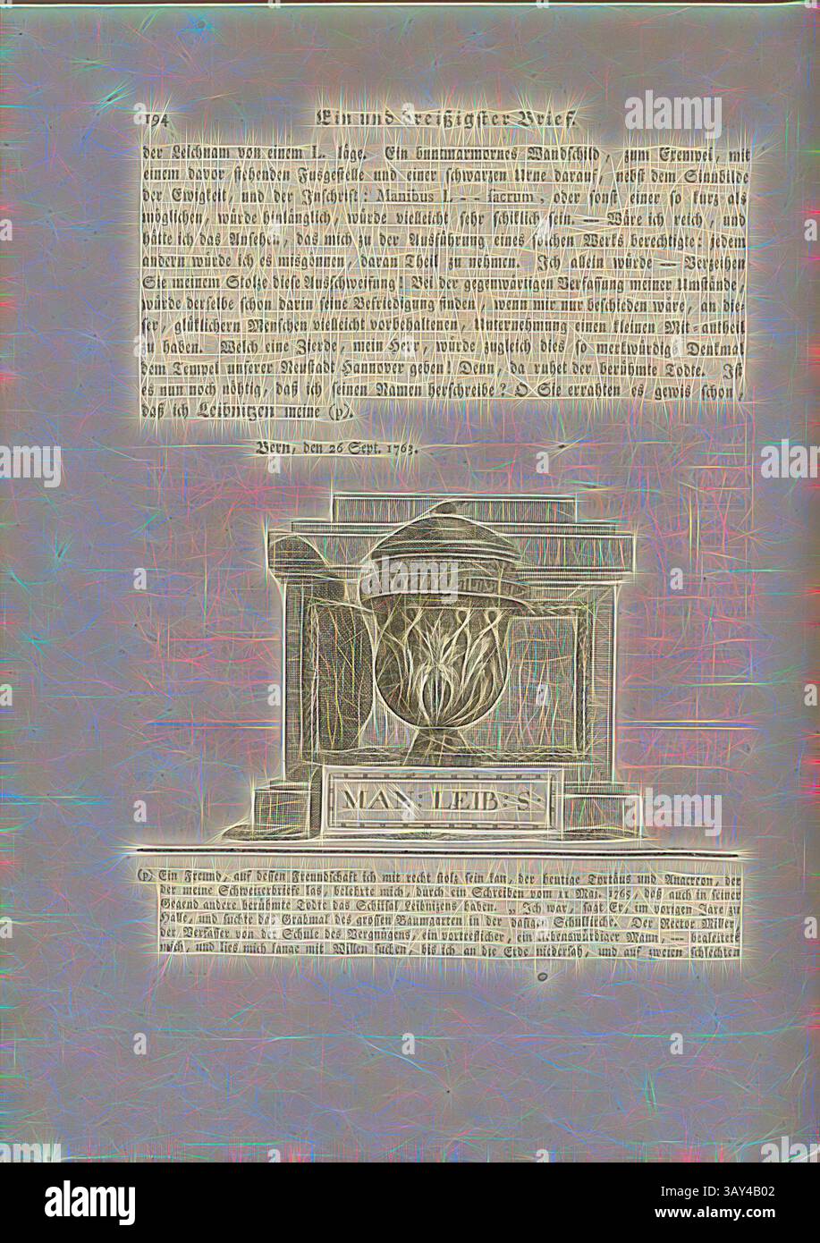 Une page au design complexe présente une urne décorative avec des flammes, ainsi qu'un texte stylisé dans une police de caractères élégante. La composition globale transmet un sens de l'importance historique et de l'artisanat artistique., tombe 1, tombe avec urne noire et inscription : HOMME : LEIB : S, gravure sur cuivre, p. 194, Johann Gerhard Reinhard Andreae, Briefe aus der Schweiz. Nach Hannover geschrieben in dem Jare 1763. Zürich [etc] : BEI Joh. Caspar Füessli Sohn [etc], 1776, Art classique avec une touche moderne réinventée par Artotop Banque D'Images