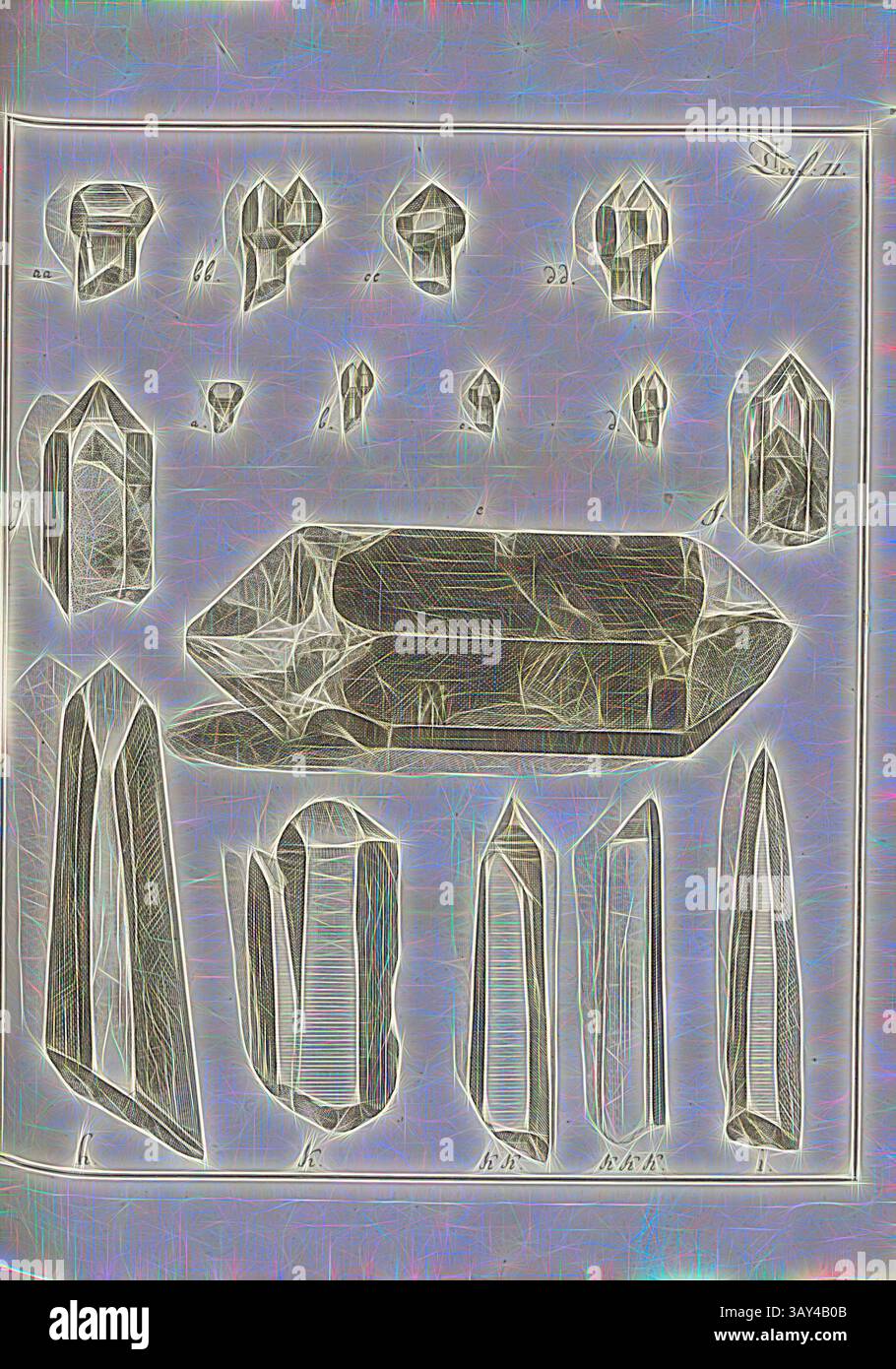 Une collection de diverses formations cristallines exposées de manière détaillée et artistique, mettant en valeur leurs formes et facettes uniques. L'arrangement met en évidence la diversité des cristaux, soulignant leur beauté naturelle et leurs structures complexes., cristaux, représentation de différentes formes de cristaux, gravure sur cuivre, pl. 11, après p. 154, Johann Gerhard Reinhard Andreae, Briefe aus der Schweiz. Nach Hannover geschrieben in dem Jare 1763. Zürich [etc] : BEI Joh. Caspar Füessli Sohn [etc], 1776, Art classique avec une touche moderne réinventée par Artotop Banque D'Images