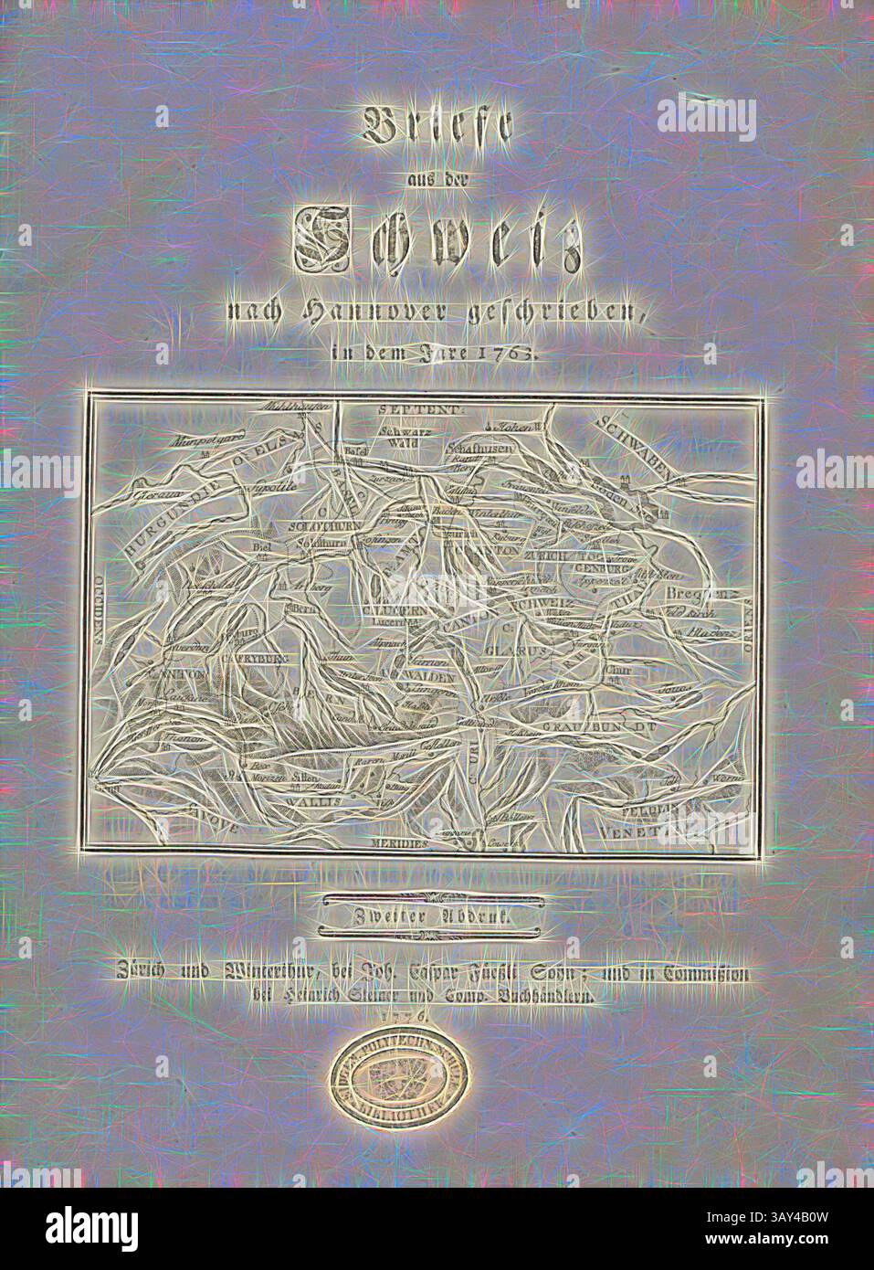 Une carte montrant les routes à travers la Suisse telles qu'enregistrées en 1763, avec des lignes complexes et des annotations qui mettent en évidence divers points d'intérêt., carte de la Suisse, carte suisse, gravure sur cuivre, page de titre, Johann Gerhard Reinhard Andreae, Briefe aus der Schweiz. Nach Hannover geschrieben in dem Jare 1763. Zürich [etc] : BEI Joh. Caspar Füessli Sohn [etc], 1776, Art classique avec une touche moderne réinventée par Artotop Banque D'Images