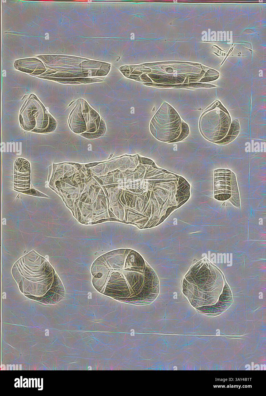 Une collection de diverses pierres de forme et d'artefacts disposés de manière créative, mettant en valeur des textures et des formes distinctes sur un fond texturé., fossiles 1, pétrification de coquillages, oursins de mer et belemnites, gravure sur cuivre, pl. 2, après p. 28, Johann Gerhard Reinhard Andreae, Briefe aus der Schweiz. Nach Hannover geschrieben in dem Jare 1763. Zürich [etc] : BEI Joh. Caspar Füessli Sohn [etc], 1776, Art classique avec une touche moderne réinventée par Artotop Banque D'Images