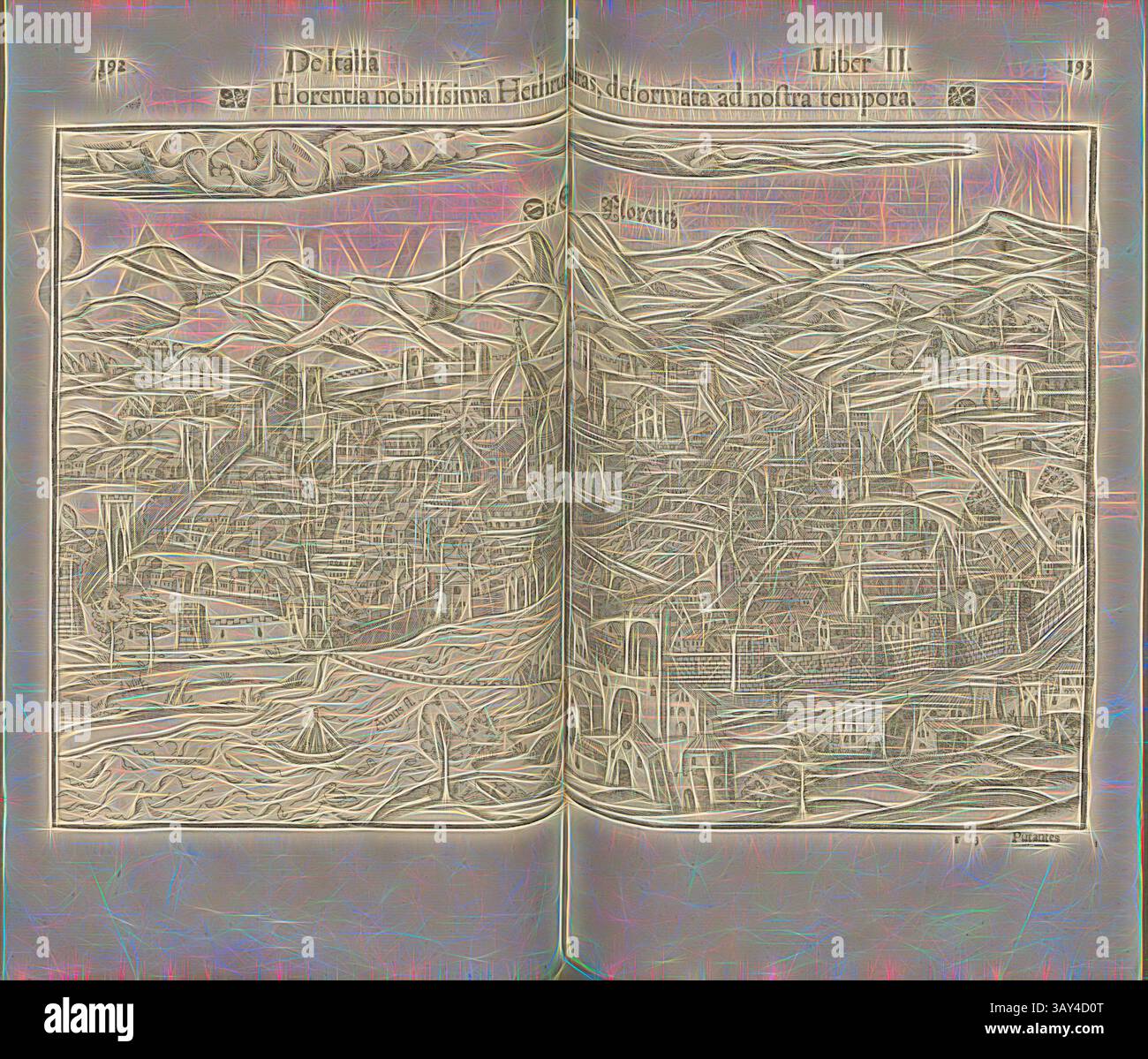 Une page de livre historique présente une gravure détaillée d'un paysage urbain tentaculaire, mettant en valeur l'architecture, les collines et une rivière serpentant à travers le paysage, avec des lettrages ornés et des titres de chapitre renforçant son charme antique., Florence le plus Hethruriæiutas, gravé à notre époque, illustration de Florence du XVIe siècle, signé : ci, Fig. 24, p. 193, 1552, Sebastian Münster : Cosmographiae universalis Lib. V. in quibus, iuxta certioris fidei scriptorum traditionem descripbuntur, omniu[m] habitabilis orbis partiu[m] situs [...] omnium gentium mores, leges, religio, RES gestae, mutationes Banque D'Images