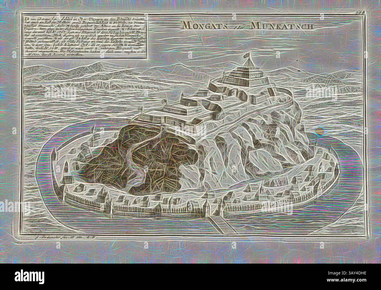 Une représentation artistique d'une majestueuse forteresse de montagne, présentant des détails architecturaux complexes et entourée d'un terrain accidenté. La structure possède de grandes terrasses et une présence dominante, laissant entendre à son importance historique et à son emplacement stratégique., Mongats ou Munkatsch, Muka Eve ou Mukacheve en Ukraine, signé : G. Bodenehr fec., et exc., a., v, pl. 108, après p. 51, Bodenehr, Gabriel d. Ä (fec. Et exc.), 1710, Gabriel Bodenehr : Européens Pracht und Macht in 200 Kupfer-Stücken : worinnen nicht nur allein die berühmtest und ansehnlichste, sondern auch andere Stätte, Festungen, Schlösser Banque D'Images