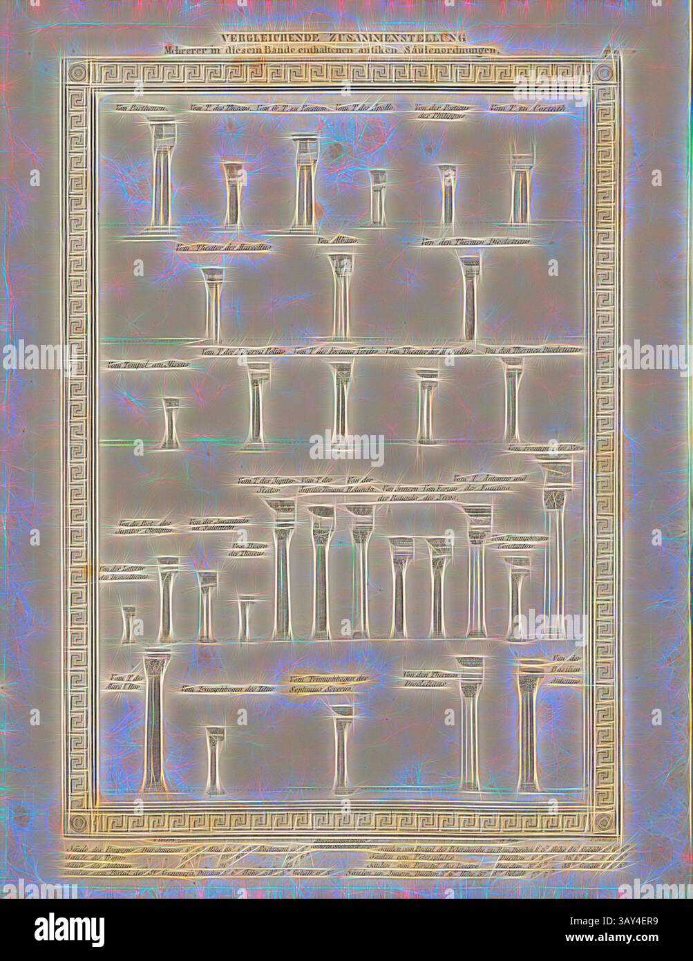 Un élégant affichage de différentes colonnes architecturales présente différents styles et conceptions utilisés dans l'architecture classique, chacun étiqueté pour référence. Les détails complexes et les formes soulignent l'art et la signification structurelle de ces éléments., compilation comparative de plusieurs ... ordres antiques de colonnes, divers ordres romains et grecs de colonnes, signé : F. Jättnig (SC.), partie 2, après p. 116, Jättnig, Franz (SC.), 1845, Johann Matthäus von Mauch : Neue systematische Darstellung der architektonischen Ordnungen der Griechen, Römer und neuern Baumeister. Dritte Auflage. Potsdam Banque D'Images