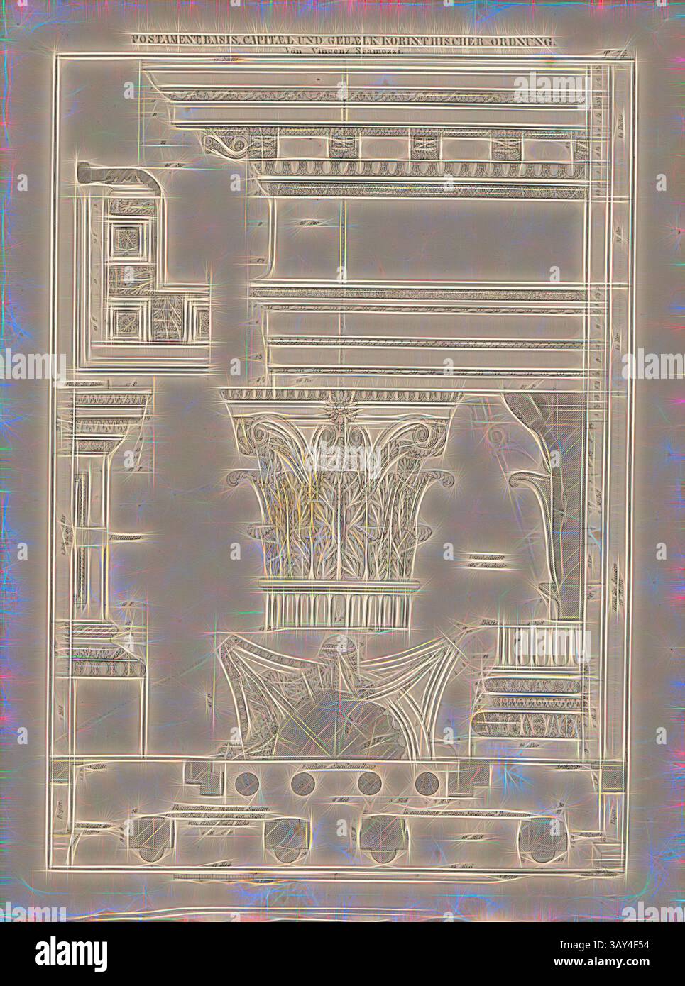 Un dessin architectural complexe mettant en valeur divers dessins de colonnes, avec des sculptures détaillées et des motifs classiques, soulignant l'élégance de l'artisanat ancien., piédestal, base, chapiteaux et entablature de l'ordre corinthien, par Vincenz Scamozzi, détails sur les colonnes de l'ordre corinthien après Scamozzi, signé : signé par F. Jättnig, T. 74, après p. 116, Jättnig, Ferdinand (SC.), Johann Matthäus von Mauch : Neue systematische Darstellung der architektonischen Ordnungen der Griechen, Römer und neuern Baumeister. Dritte Auflage. Potsdam : Verlag von Ferdinand Riegel, 1845, Art classique avec un Banque D'Images