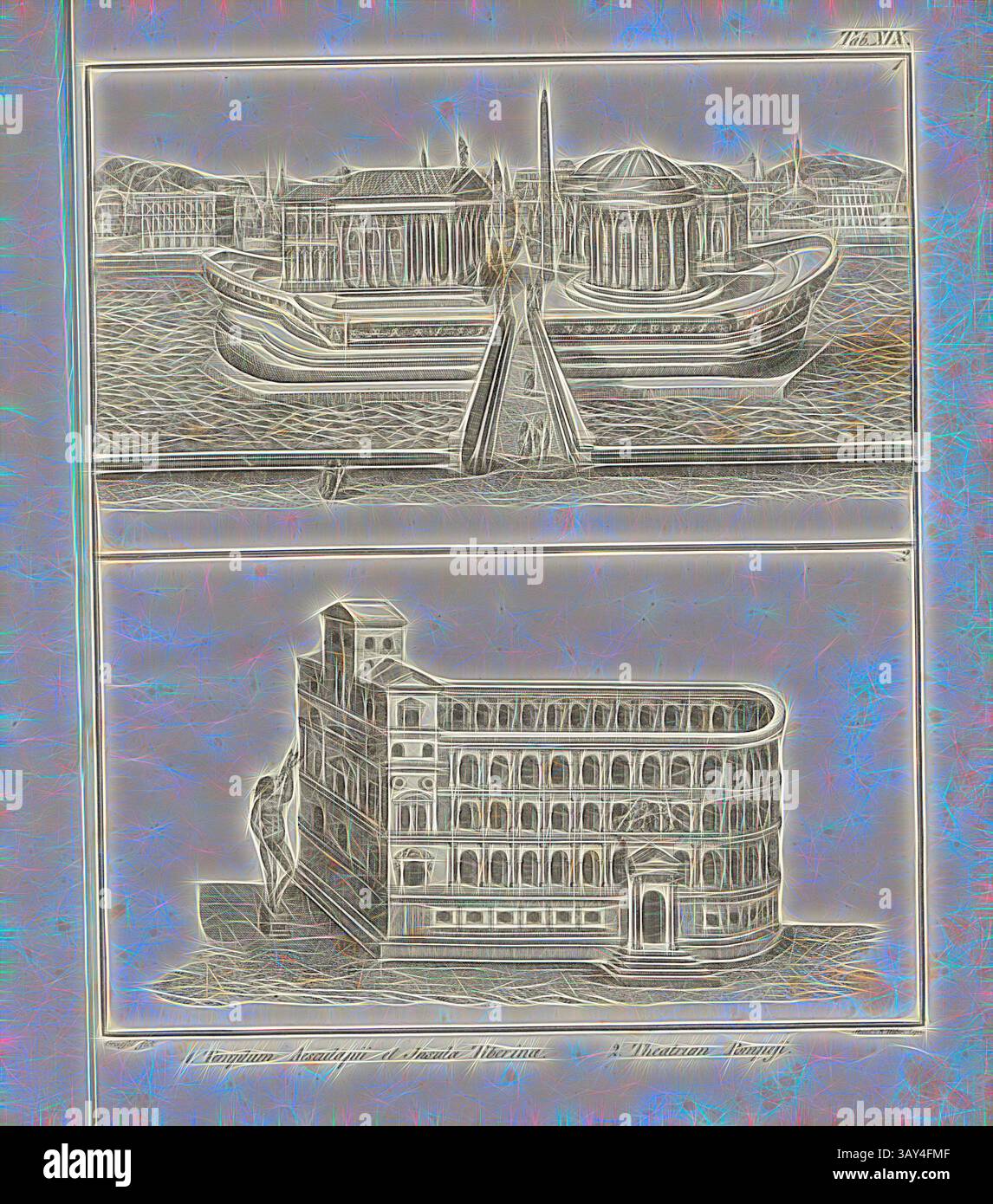 Une représentation artistique met en valeur deux monuments architecturaux historiques. La partie supérieure présente un grand palais au bord de l'eau, caractérisé par des dômes et des colonnes, tandis que la partie inférieure représente un bâtiment classique ressemblant à un colisée, avec des détails ornés., 1. Temple d'Asclépius et île de Tibérine, 2. Théâtre de Pompée, temple d'Aeskulap sur l'île Tibre et théâtre de Pompée à Rome, signé : Graesel (fec.), Steind., v, R. Weber, onglet. XIX, Graesel (fec.), Weber, Rudolf (Steindr.), Franz Heinrich Köhler : Urbs Roma : Ansichten der Tempel, Paläste, Théâtre, Amphithéâtre Banque D'Images