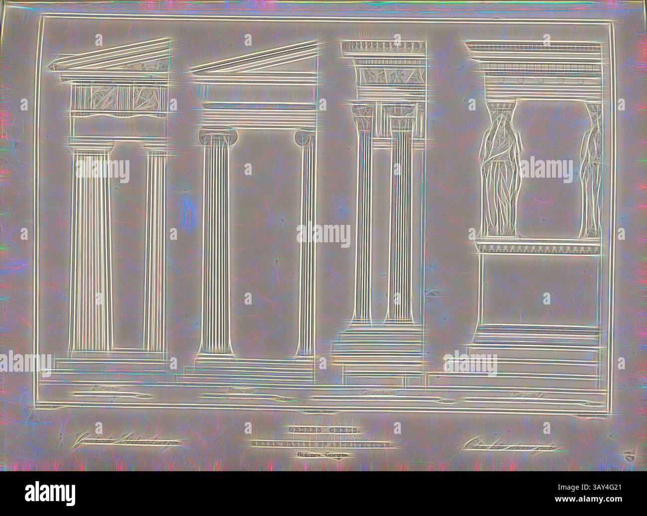 Une série de colonnes et de structures architecturales classiques, avec des détails complexes et des dessins ornementaux, mettant en valeur les influences grecques ou romaines antiques., ordres grecs, ordres grecs de colonnes, signés : Bouchet (del.), Lemaitre (direxit), Huguenet (sculp.), Fig. 46, p. 211, Bouchet (del.), Lemaitre (dir.), Huguenet (sculp.), 1853, Jules Gailhabaud : monuments anciens et modernes. BD Paris : librairie de Firmin Didot frères, 1853, Art classique avec une touche moderne réinventé par Artotop Banque D'Images