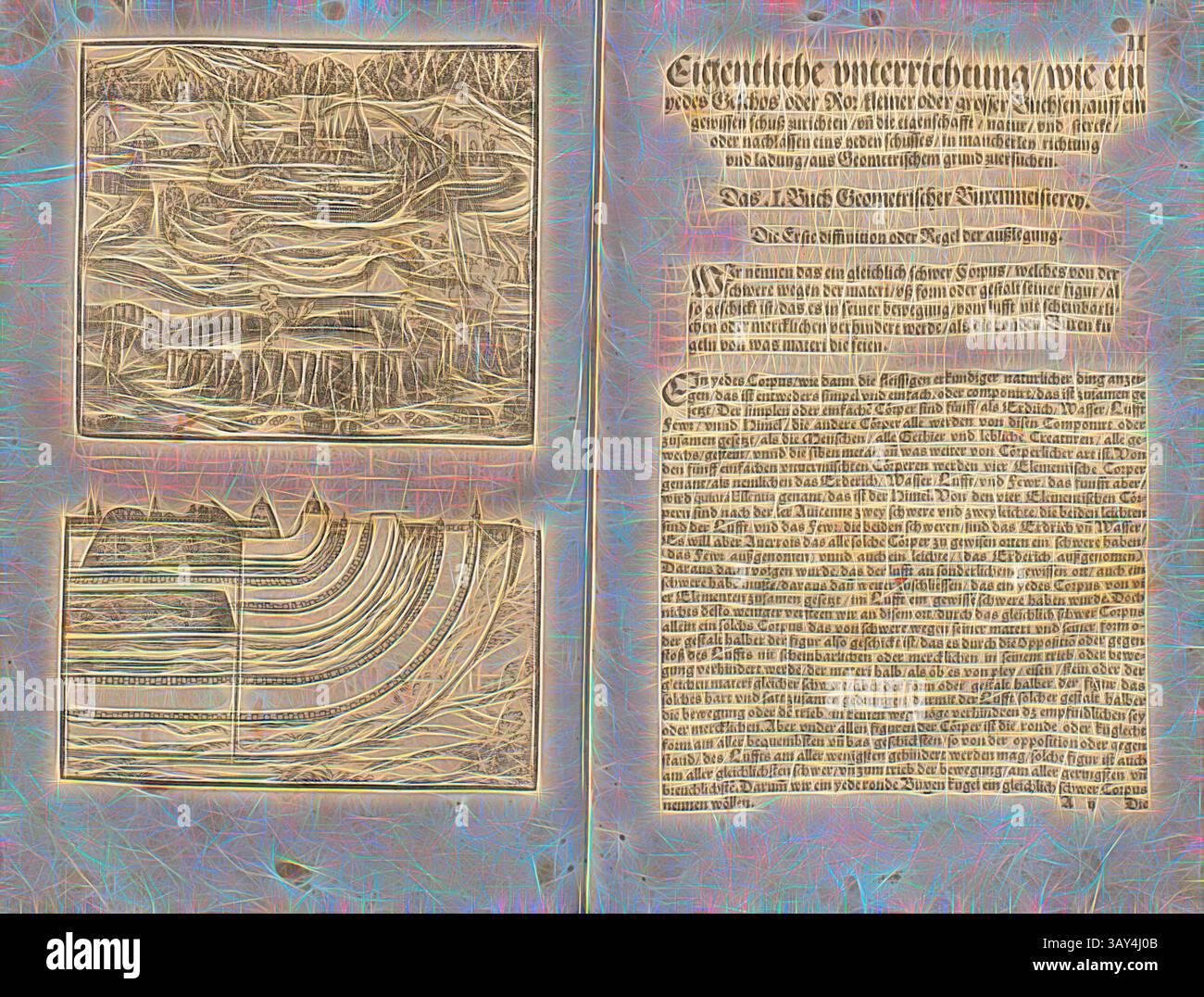 Un document richement illustré présentant une représentation graphique détaillée de formations géologiques en couches ainsi qu'un texte discutant des principes et des théories géologiques. Le design orné améliore le contenu éducatif, invitant à un examen plus approfondi à la fois des visuels et du matériel écrit., siège, illustration d'un siège du XVIe siècle, Fig. 1 & 2, selon S. XLIIIr, 1547, Walther Hermann Ryff : der Furembsten, notwendigsten, der gantzen Architectur angehörigen Mathematischen und mécanischen Künst eygentlicher Bericht und [...] Unterrichtung zu rechtem Verstandt der Lehr Banque D'Images