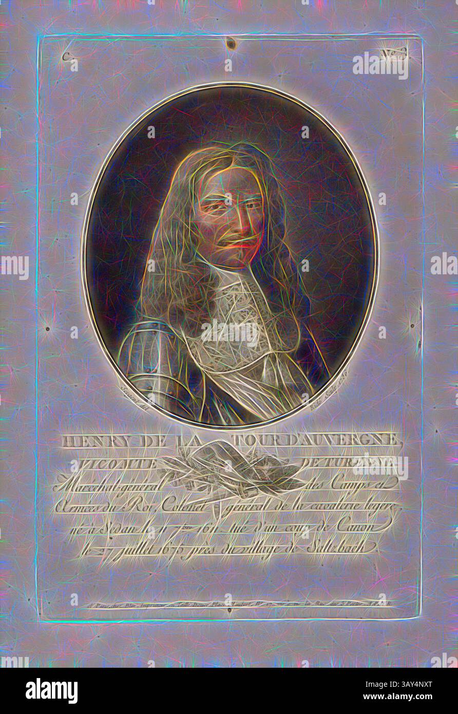 Portrait historique d'un homme du XVIIe siècle, avec des vêtements complexes et un col volanté, serti contre un cadre circulaire. Son expression transmet un sens de l'intellect et de la dignité, tandis que le texte décoratif en bas souligne son identité et ses réalisations., Henri de la Tour d'Auvergne, vicomte de Turenne, Henri de la Tour d'Auvergne, vicomte de Turenne, maréchal de France, signé : sergent (del.) ; Ridé (sculp.), chez Blin, c n°. 3, Sergent, Antoine Louis François (del.) ; Ridé (Sculp.) ; Blin (chez), Antoine François Sergent-Marceau : Portraits des grands hommes, femmes illustres Banque D'Images