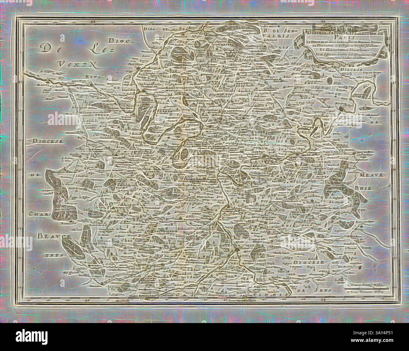 Une carte détaillée représentant diverses caractéristiques géographiques, villes et voies navigables, mettant en valeur un réseau complexe de lignes et d'étiquettes qui mettent en évidence la disposition et les caractéristiques de la région. Le dessin est orné, avec une bordure décorative encadrant les détails cartographiques complexes., prévoste diocèse et eslection de Paris, carte de l'évêché de Paris, fig. 3, selon la p. 29, Martin Zeiller : Topographia Galliae, oder, Beschreibung und Contrafaitung der vornehmbsten und bekantisten Oerter in dem mächtigen und grossen Königreich Franckreich : beedes auss eygner Erfahrung und den besten und Banque D'Images