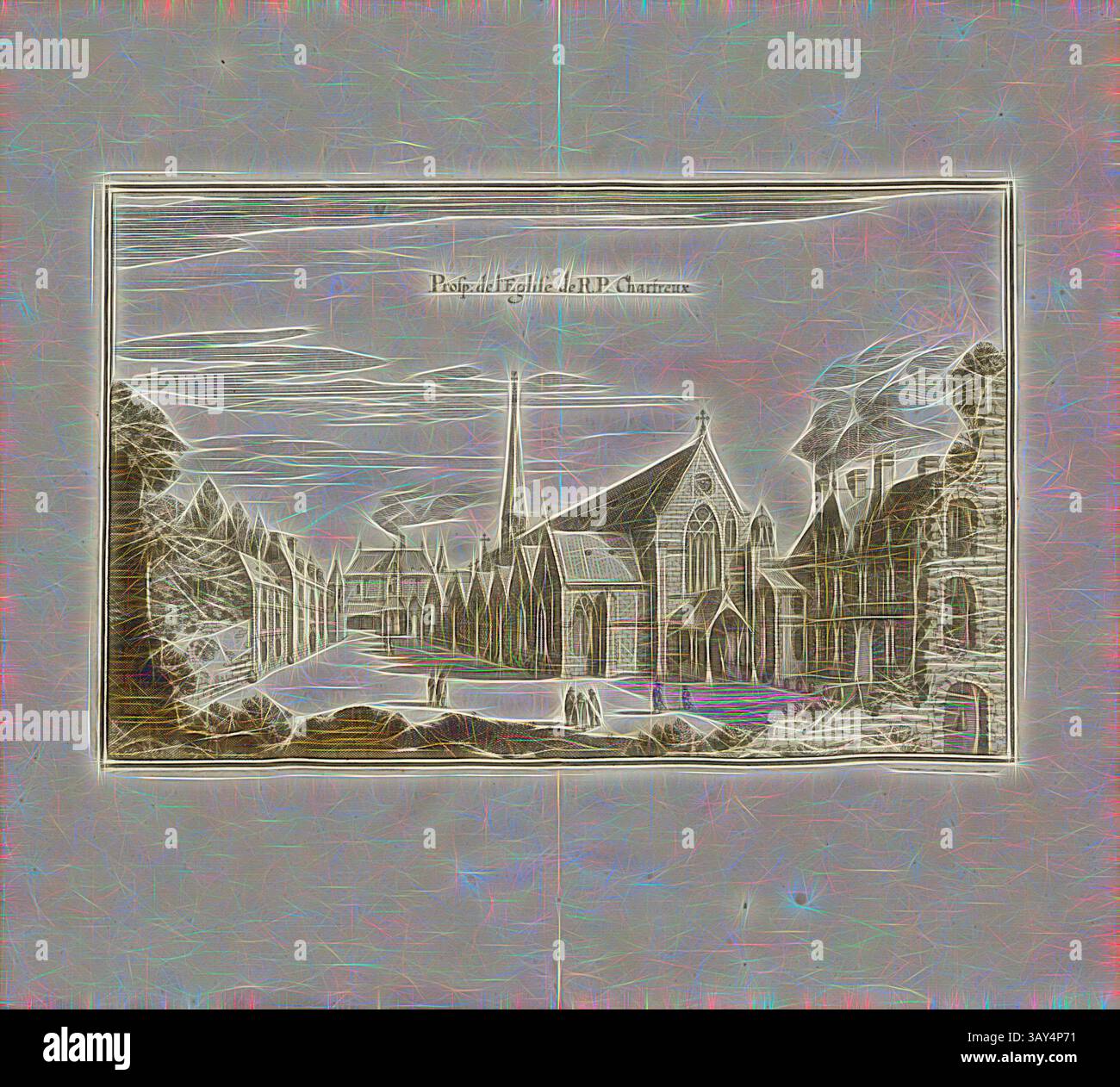 Une illustration architecturale détaillée d'un complexe historique d'église, avec des toits pointus et des flèches, entourés d'arbres et de structures complexes. La scène évoque un sentiment de sérénité et de grandeur, mettant en valeur un mélange d'éléments gothiques et médiévaux de design., Prosp de l'église de R. P. Chartreux, Chartreuse de Paris, Fig. 20, p. 64, Martin Zeiller : Topographia Galliae, oder, Beschreibung und Contrafaitung der vornehmbsten und bekantisten Oerter in dem mächtigen und grossen Königreich Franckreich : Beedes auss eygner Erfahrung und den besten und berühmbtesten Scribenten So in Banque D'Images