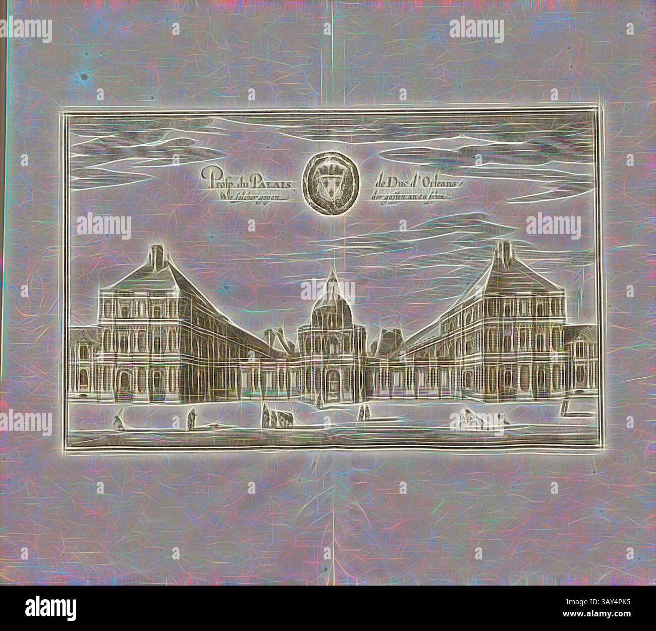 Une illustration architecturale historique présentant un design élégant, avec des détails complexes et un dôme central, entouré d'ailes symétriques et une atmosphère sereine. La scène est agrémentée de nuages stylisés et d'inscriptions décoratives, soulignant sa signification., Prosp. Du Palais de Duc d'Orléans, en tant que tel contre les rues à voir, Palais d'Orléans (aujourd'hui Palais du Luxembourg) à Paris, Fig. 57, p. 64, Martin Zeiller : Topographia Galliae, oder, Beschreibung und Contrafaitung der vornehmbsten und bekantisten Oerter in dem mächtigen und grossen Königreich Franckreich Banque D'Images