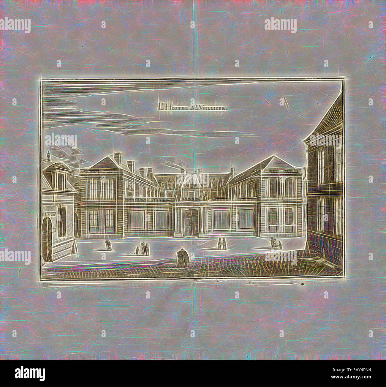 Une grande représentation architecturale avec une cour symétrique entourée de bâtiments élégants, présentant des détails complexes et des éléments de design classiques. La scène est encadrée avec des cieux dramatiques, ajoutant un sens de profondeur et d'histoire à la structure., l'auberge de la Vrillière, Hôtel de la Vrillière à Paris, Fig. 70, p. 64, Martin Zeiller : Topographia Galliae, oder, Beschreibung und Contrafaitung der vornehmbsten und bekantisten Oerter in dem mächtigen und grossen Königreich Franckreich : Beedes auss eygner Erfahrung und den besten und berühmbtesten Scribenten SO in underschiedlichen Banque D'Images