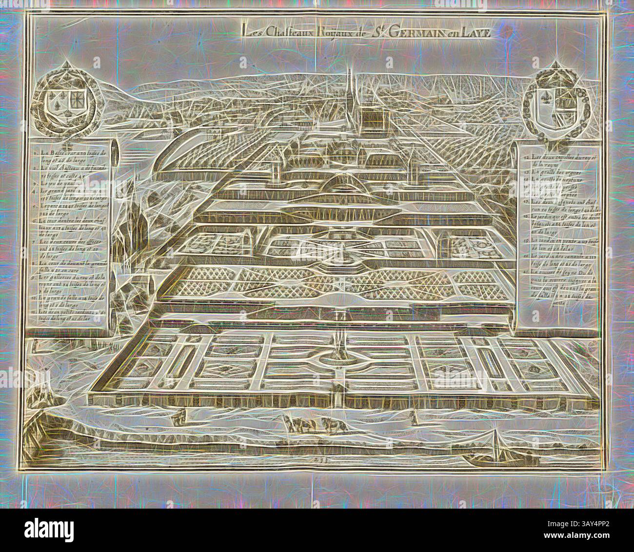 Une représentation architecturale détaillée des jardins et de l'aménagement du Château de Saint-Germain-en-Laye, mettant en valeur un aménagement paysager complexe, des allées et des bâtiments entourés de verdure luxuriante. Le design présente des motifs et des symboles ornés qui reflètent la grandeur du domaine., les Chasteaux royaux de l’ensemble Germain en Laye, Château de Saint-Germain-en-Laye en France, Fig. 95, p. 96, Martin Zeiller : Topographia Galliae, oder, Beschreibung und Contrafaitung der vornehmbsten und bekantisten Oerter in dem mächtigen und grossen Königreich Franckreich : Beedes auss eygner Erfahrung und den besten Banque D'Images