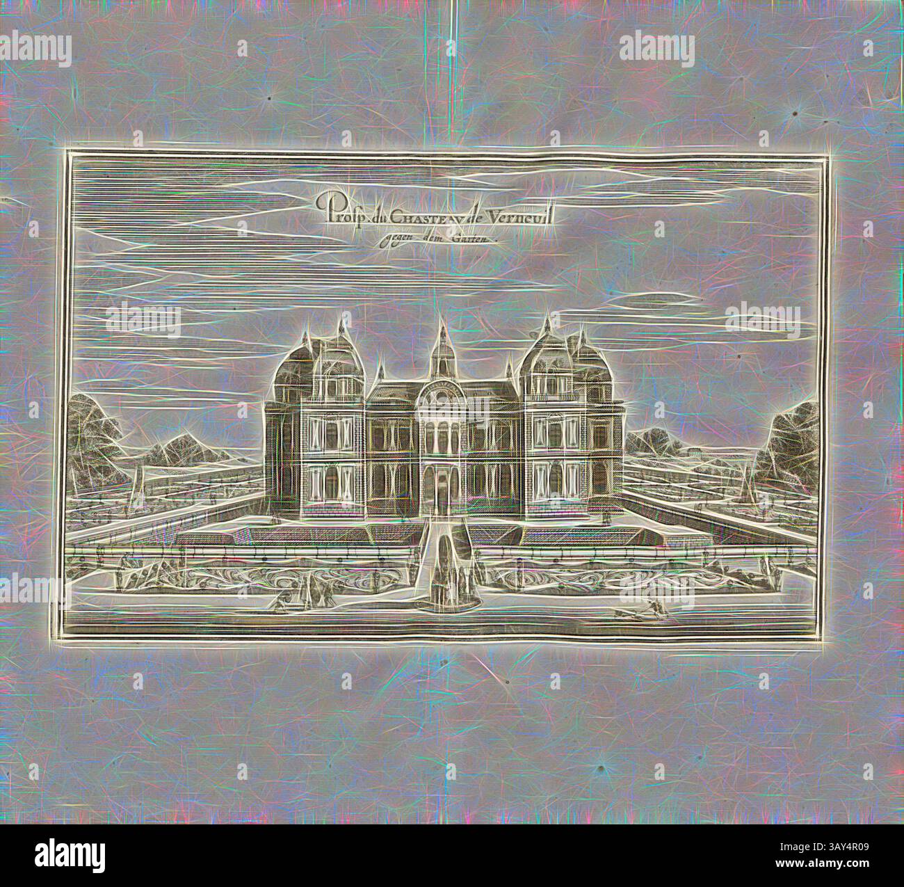 Une grande structure architecturale présente des conceptions complexes et des détails ornés, entourée de jardins méticuleusement aménagés. La scène comprend une disposition symétrique, avec des chemins menant à l'entrée et une végétation luxuriante encadrant le domaine., Prosp. Du Chasteau de Verneuil contre le jardin, Château de Verneuil, fig. 108, après p. 96, Martin Zeiller : Topographia Galliae, oder, Beschreibung und Contrafaitung der vornehmbsten und bekantisten Oerter in dem mächtigen und grossen Königreich Franckreich : Beedes auss eygner Erfahrung und den besten und berühmbtesten Scribenten So in Banque D'Images