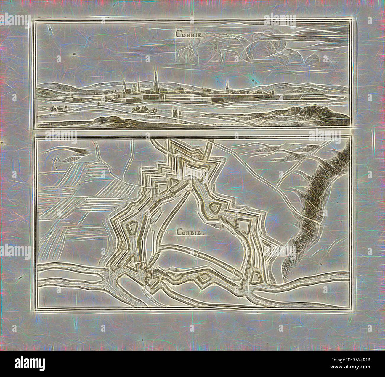 Une illustration détaillée représentant une vue panoramique de la Corse, avec un paysage avec des collines ondulantes et une ligne d'horizon proéminente au-dessus, à côté d'une carte stylisée de la disposition de la ville ci-dessous. La conception met l'accent sur les caractéristiques géographiques et les éléments architecturaux de la région., Corbie, Corbie et Plan de la forteresse, signé : John Peeters Delineavit, Fig. 14, Zweyter Theil, après p. 20, Peeters, Jacob (del.), Martin Zeiller : Topographia Galliae, oder, Beschreibung und Contrafaitung der vornehmbsten und bekantisten Oerter in dem mächtigen und grossen Königreich Franckreich : Beedes auss eygner Banque D'Images