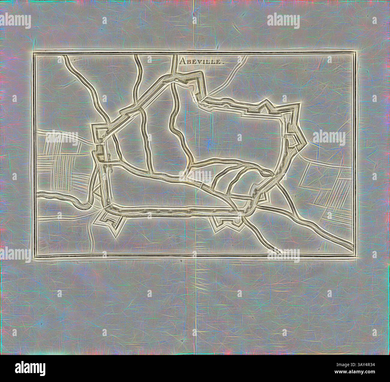 Une carte détaillée d'Abbeville, mettant en valeur sa disposition complexe et les caractéristiques environnantes, soulignées par des lignes et des motifs délicats. La conception met l'accent sur les contours et la structure de la zone, créant une représentation visuellement frappante., Abeville, Plan de la forteresse d'Abbeville en France, Fig. 2, Zweyter Theil, après p. 14, Martin Zeiller : Topographia Galliae, oder, Beschreibung und Contrafaitung der vornehmbsten und bekantisten Oerter in dem mächtigen und grossen Königreich Franckreich : Beedes auss eygner Erfahrung und den besten und berühmbtesten Scribenten SO in underschiedlichen Spraachen Banque D'Images