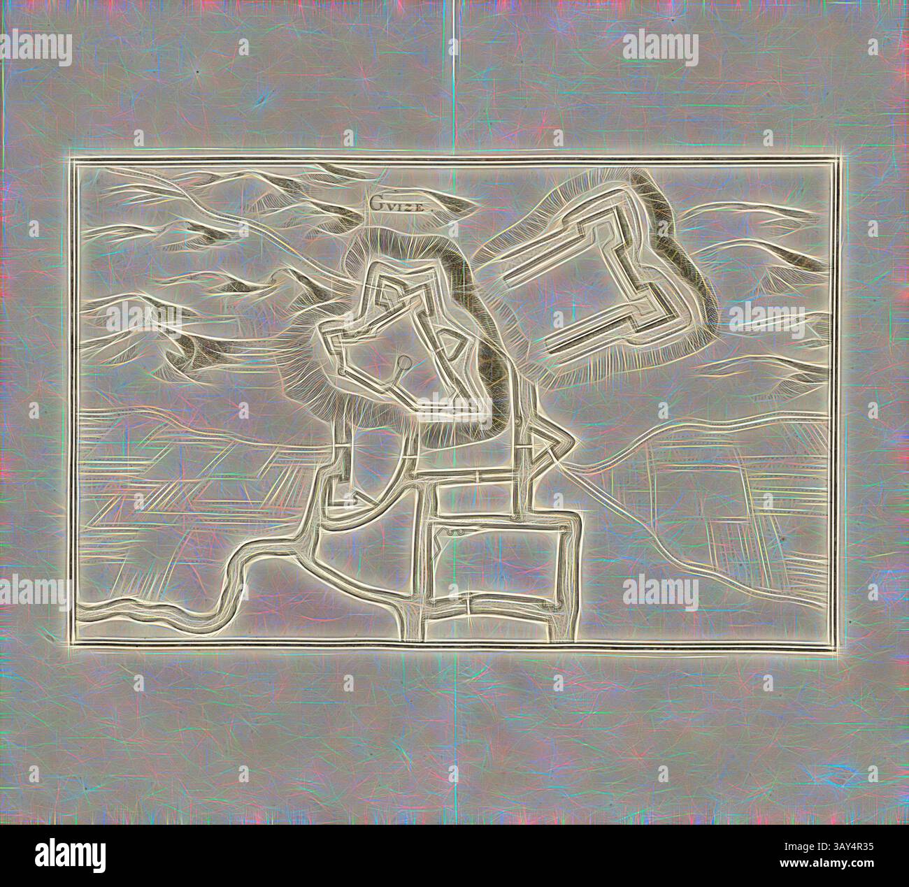 Une carte stylisée mettant en valeur un paysage fortifié avec des chemins sinueux et des motifs géométriques, soulignant diverses régions et un emplacement central. La conception présente des lignes et des formes complexes qui créent un sentiment de profondeur et de complexité., GUI, Plan de la forteresse guise, Fig. 18, Zweyter Theil, après p. 22, Martin Zeiller : Topographia Galliae, oder, Beschreibung und Contrafaitung der vornehmbsten und bekantisten Oerter in dem mächtigen und grossen Königreich Franckreich : Beedes auss eygner Erfahrung und den besten und berühmbtesten Scribenten SO in underschiedlichen Spraachen davon aussgangen Banque D'Images