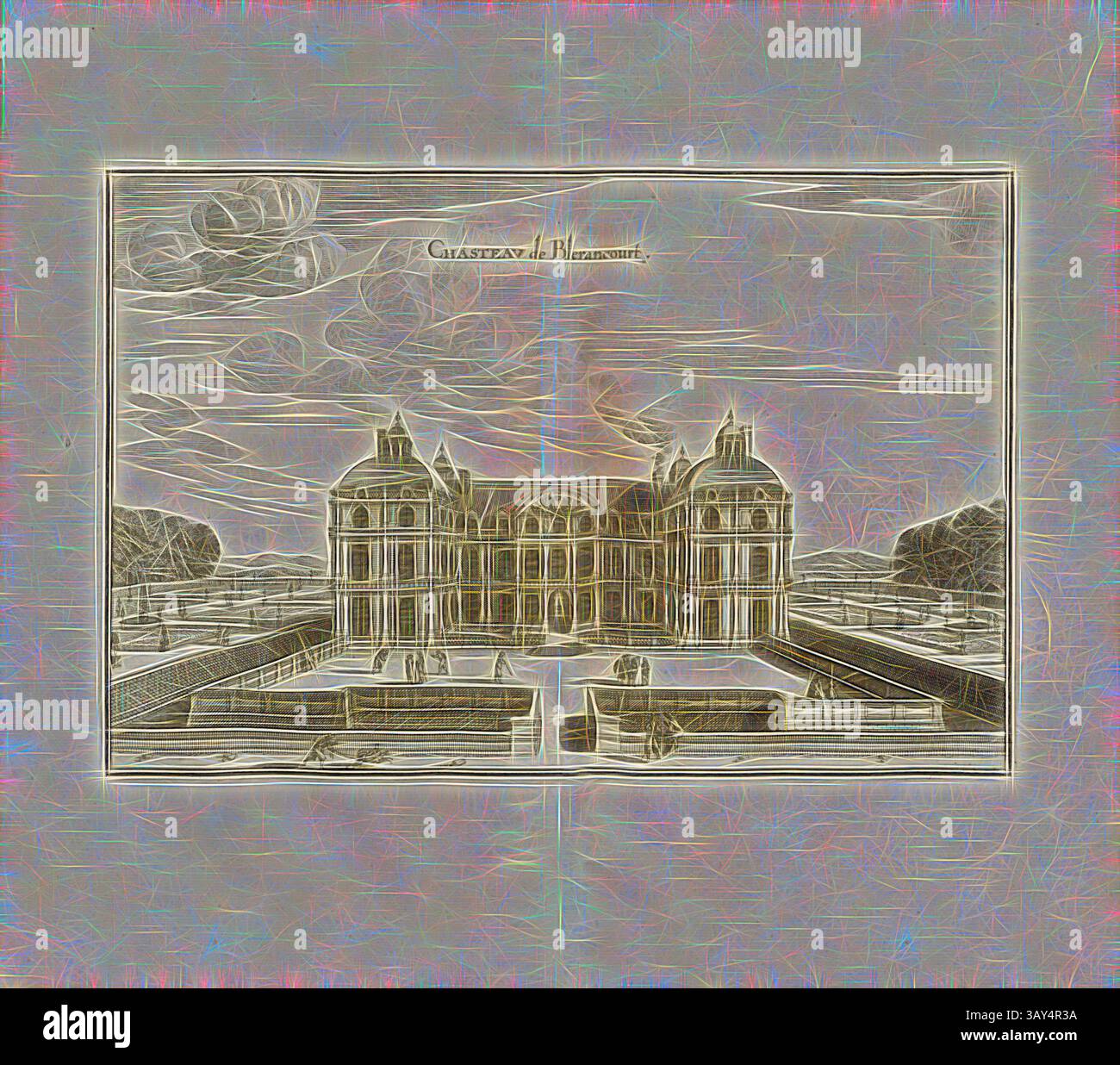 Une grande structure architecturale avec des détails complexes et des jardins paysagers, situé sur un ciel spectaculaire. Le design reflète l'élégance classique et la signification historique, capturant l'essence d'une époque révolue., Chasteau de Blerancourt, Château de Blérancourt (ancien château des Ducs de Gesvres), Fig. 6, Zweyter Theil, après p. 16, Martin Zeiller : Topographia Galliae, oder, Beschreibung und Contrafaitung der vornehmbsten und bekantisten Oerter in dem mächtigen und grossen Königreich Franckreich : Beedes auss eygner Erfahrung und den besten und berühmbtesten Scribenten SO in Banque D'Images