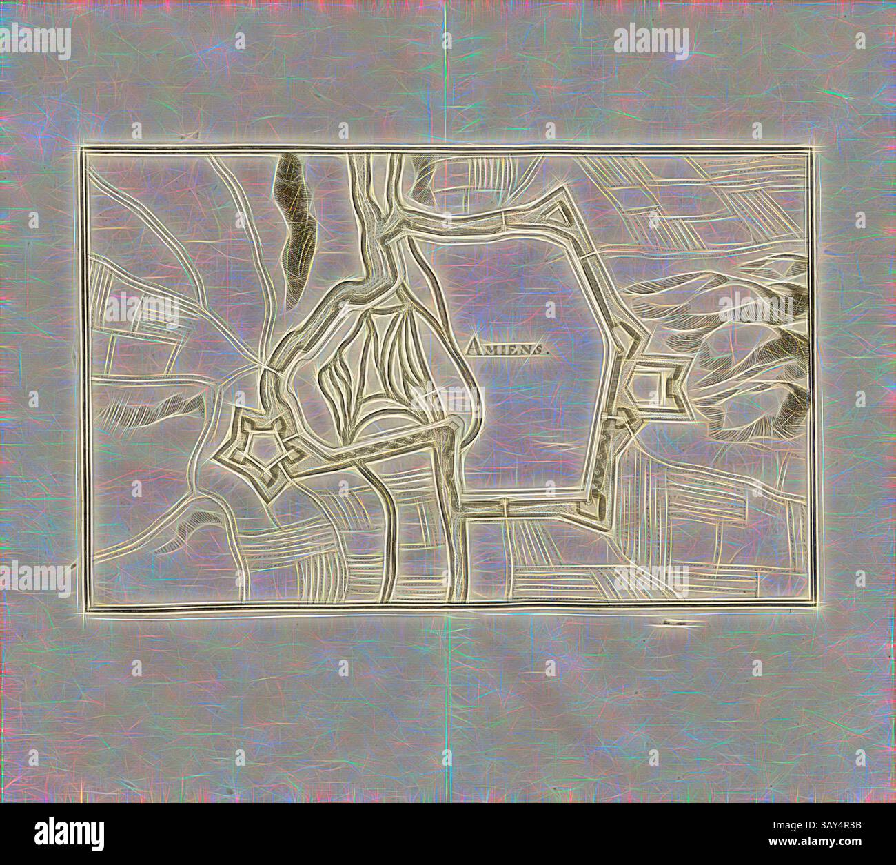 Une carte détaillée décrivant le tracé historique d'Amiens, mettant en évidence ses structures défensives et le terrain environnant. La conception présente des lignes et des motifs complexes, mettant l'accent sur les principaux monuments et sentiers de la ville., Amiens, Plan de la forteresse d'Amiens, Fig. 4, Zweyter Theil, après p. 14, Martin Zeiller : Topographia Galliae, oder, Beschreibung und Contrafaitung der vornehmbsten und bekantisten Oerter in dem mächtigen und grossen Königreich Franckreich : Beedes auss eygner Erfahrung und den besten und berühmbtesten Scribenten SO in underschiedlichen Spraachen davon aussgangen seyn Banque D'Images