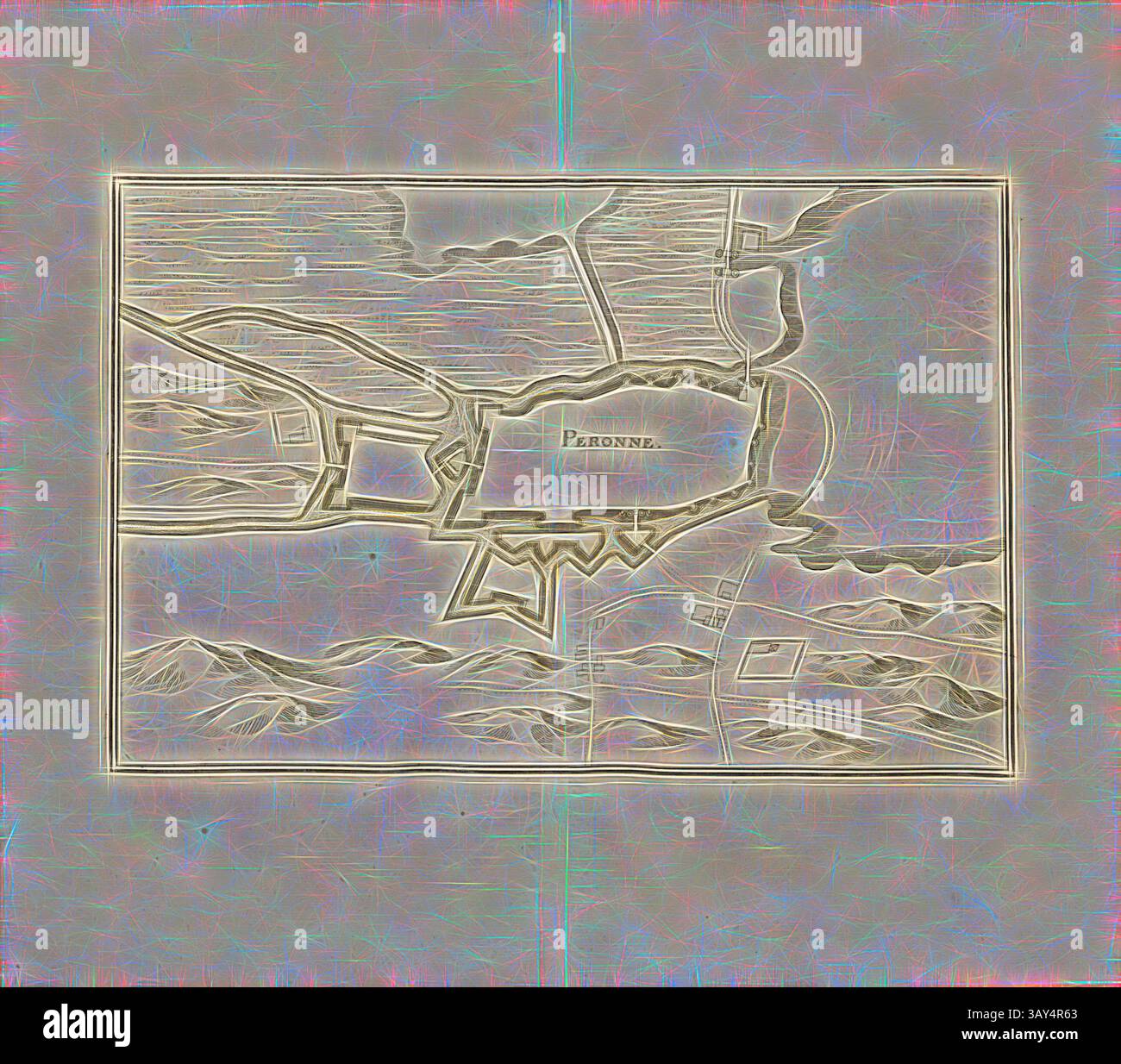 Représentation stylisée d'une carte historique, mettant en valeur la disposition d'une ville avec des détails complexes, des paysages environnants et des caractéristiques architecturales. La conception met l'accent sur les éléments géographiques et met en évidence des structures significatives dans la région., Péronne, Plan de la forteresse de Péronne en France, Fig. 25, Zweyter Theil, après p. 30, Martin Zeiller : Topographia Galliae, oder, Beschreibung und Contrafaitung der vornehmbsten und bekantisten Oerter in dem mächtigen und grossen Königreich Franckreich : Beedes auss eygner Erfahrung und den besten und berühmbtesten Scribenten SO in Banque D'Images