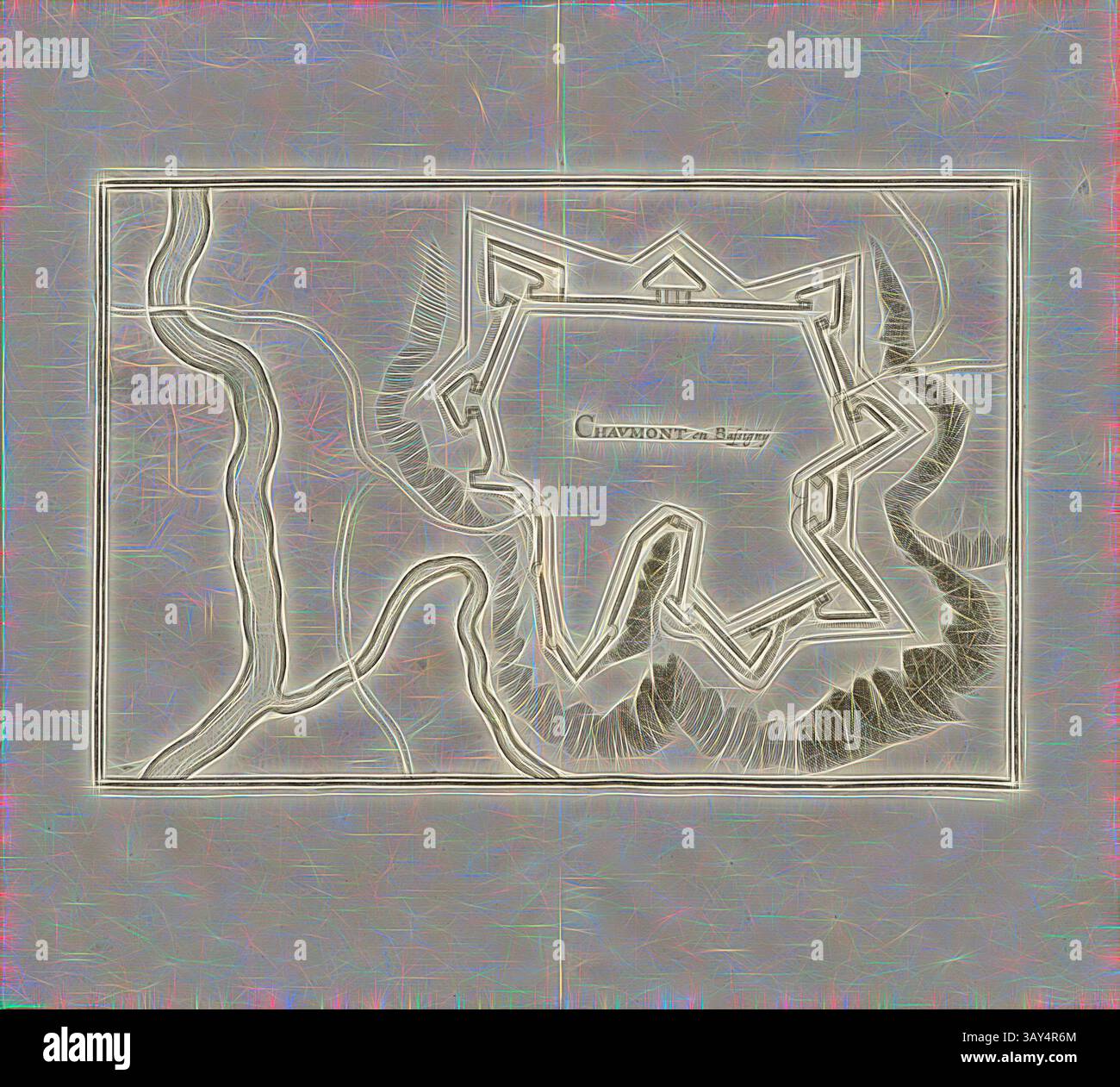 Une carte stylisée représentant le contour d'une fortification, marquée avec le nom 'Chavagnon' en son centre. Autour de la structure sont des lignes sinueuses représentant le terrain naturel. La conception globale combine des motifs complexes avec une texture en couches, renforçant son importance historique., Chaumont en Bassigny, Plan de la forteresse Chaumont (haute-Marne), Fig. 36, troisième partie, après p. 8, Martin Zeiller : Topographia Galliae, oder, Beschreibung und Contrafaitung der vornehmbsten und bekantisten Oerter in dem mächtigen und grossen Königreich Franckreich : Beedes auss eygner Erfahrung und den besten Banque D'Images