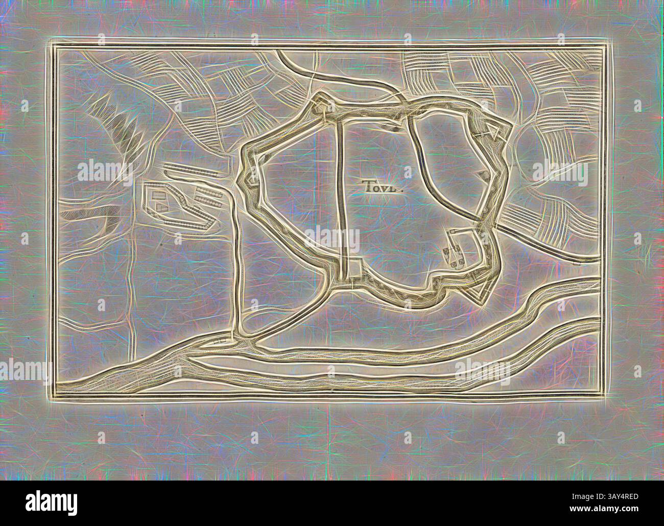 Une carte stylisée montrant des chemins sinueux et une rivière, avec une zone remarquable étiquetée « jouet ». La conception présente des détails complexes et une texture unique, soulignant les contours et les caractéristiques du paysage., longueur, Plan de la forteresse Toul, Fig. 79, troisième partie, après p. 34, Martin Zeiller : Topographia Galliae, oder, Beschreibung und Contrafaitung der vornehmbsten und bekantisten Oerter in dem mächtigen und grossen Königreich Franckreich : beedes auss eygner Erfahrung und den besten und berühmbtesten Scribenten SO in underschiedlichen Spraachen davon aussgangen seyn auch aus erten Bericht und Banque D'Images