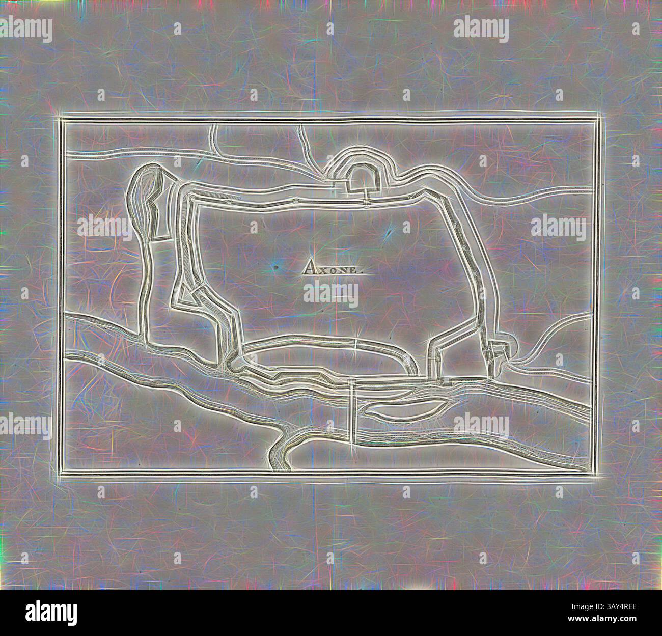 Une représentation abstraite d’une carte topographique, avec des lignes et des contours complexes qui délimitent diverses élévations et dépressions, avec l’étiquette « Azone » bien en vue au centre. Le design d'ensemble dégage une qualité rêveuse et éthérée., Axone, Plan de la ville d'Auxone dans le duché de Bourgogne, Fig. 5, Vierder Theil, après p. 8, Martin Zeiller : Topographia Galliae, oder, Beschreibung und Contrafaitung der vornehmbsten und bekantisten Oerter in dem mächtigen und grossen Königreich Franckreich : Beedes auss eygner Erfahrung und den besten und berühmbtesten Scribenten SO in Banque D'Images