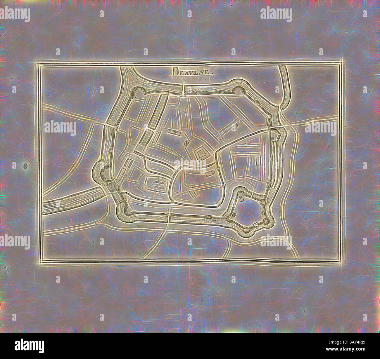 Une représentation artistique détaillée d'un plan de ville, mettant en valeur des rues, des bâtiments et des points de repère clés, le tout encadré par une bordure décorative. La conception met l'accent sur les motifs complexes et les structures de la région, soulignant ses caractéristiques uniques., Beaulne, Plan de la ville de Beaulne, Beaune, Belna dans le duché de Bourgogne, Fig. 6, Vierder Theil, après p. 8, Martin Zeiller : Topographia Galliae, oder, Beschreibung und Contrafaitung der vornehmbsten und bekantisten Oerter in dem mächtigen und grossen Königreich Franckreich : Beedes auss eygner Erfahrung und den besten und berühmbtesten Scribenten Banque D'Images