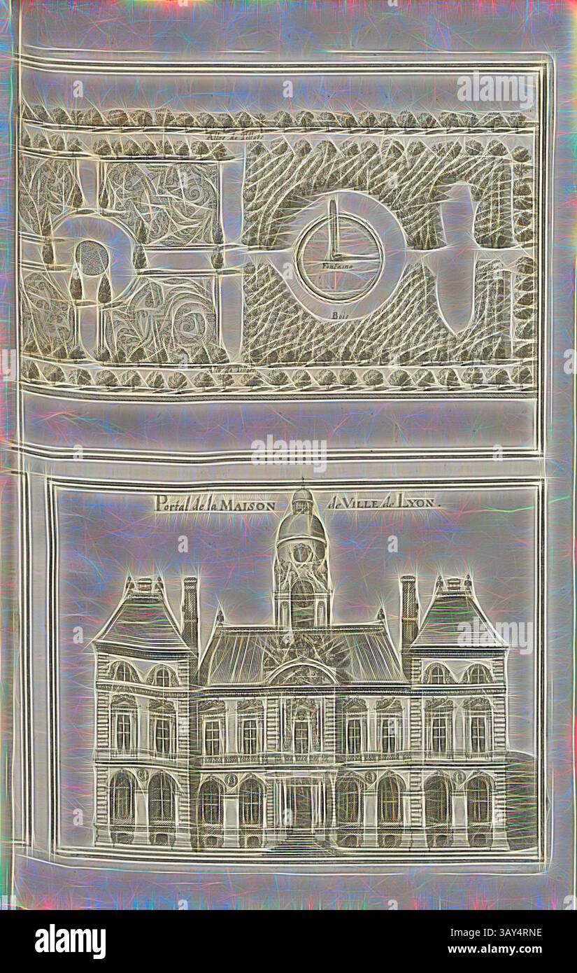 Une gravure complexe représentant une représentation architecturale d'un bâtiment avec une tour centrale de l'horloge, entouré de décorations et de motifs ornés, mettant en valeur un design classique., Portail de l'Hôtel de ville de Lyon, vue de face de l'Hôtel de ville de Lyon et plan de la place Bellecour, Fig. 30, Cinquième partie, après p. 14, Martin Zeiller : Topographia Galliae, oder, Beschreibung und Contrafaitung der vornehmbsten und bekantisten Oerter in dem mächtigen und grossen Königreich Franckreich : Beedes auss eygner Erfahrung und den besten und berühmbtesten Scribenten SO in underschiedlichen Spraachen davon aussgangen seyn Banque D'Images
