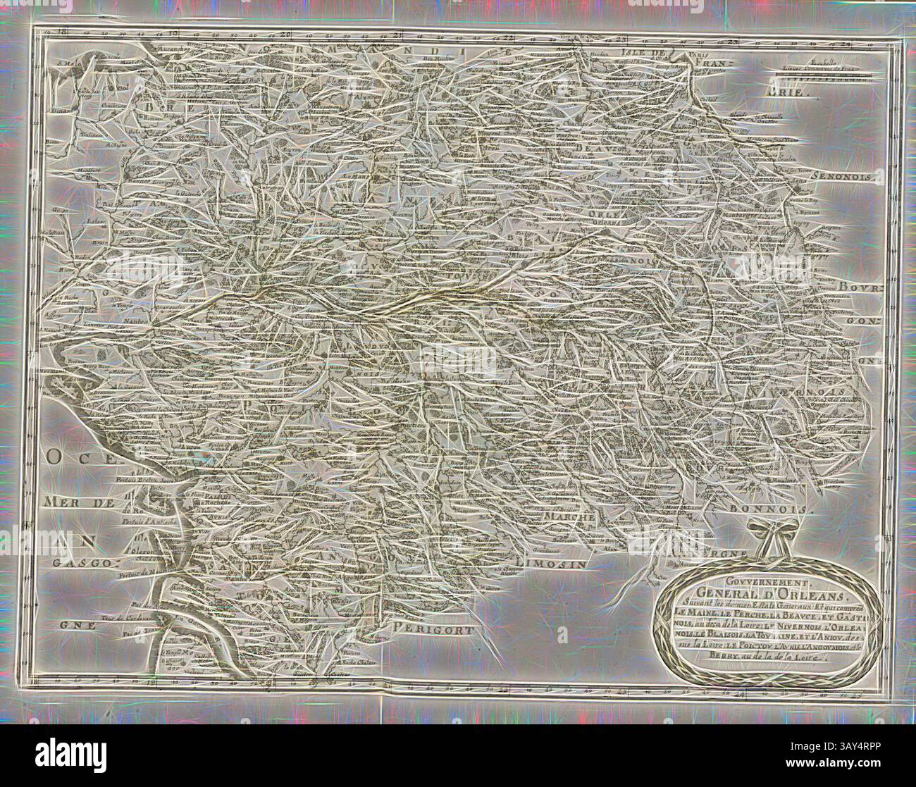 Une carte détaillée représentant la région d'Orléans, avec de nombreux noms de lieux, voies navigables et caractéristiques géographiques, ainsi qu'un cartouche de titre décoratif stylisé dans un dessin orné., Gouvernement général d'Orléans ..., carte de la région d'Orléans, Fig. 44, septième partie, après p. 26, Martin Zeiller : Topographia Galliae, oder, Beschreibung und Contrafaitung der vornehmbsten und bekantisten Oerter in dem mächtigen und grossen Königreich Franckreich : beedes auss eygner Erfahrung und den besten und berühmbtesten Scribenten SO in underschiedlichen Spraachen davon aussgangen seyn auch auss erlangten Banque D'Images
