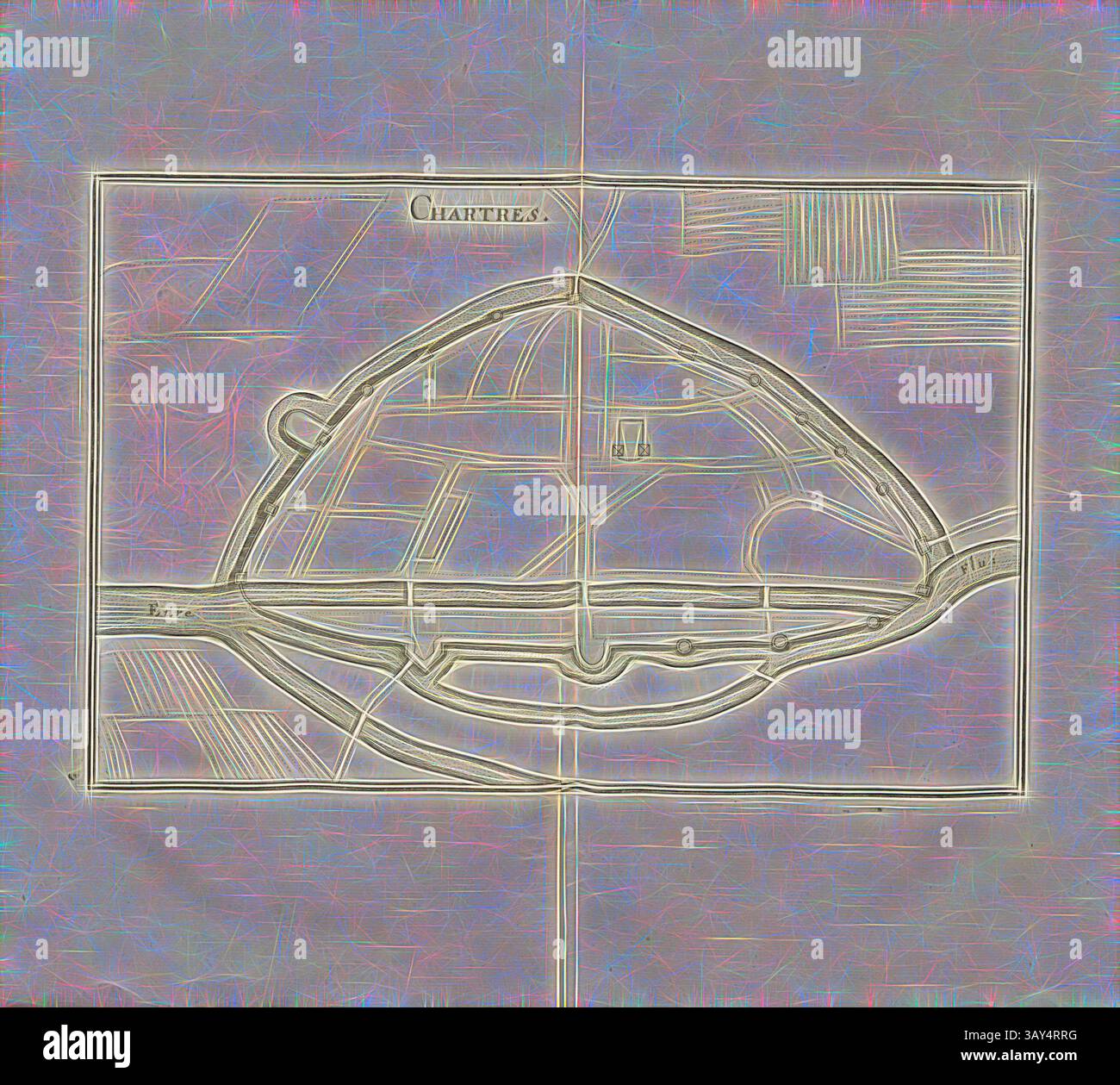 Une carte détaillée et stylisée d'une ville, avec des lignes et des sentiers complexes qui délimitent les rues et les structures, soulignant la forme et la géographie uniques de la région. La conception intègre des étiquettes et des annotations, suggérant un contexte historique., Chartres, Plan de Chartres avec le vôtre, Fig. 47, septième partie, après p. 16, Martin Zeiller : Topographia Galliae, oder, Beschreibung und Contrafaitung der vornehmbsten und bekantisten Oerter in dem mächtigen und grossen Königreich Franckreich : Beedes auss eygner Erfahrung und den besten und berühmbtesten Scribenten SO in underschiedlichen Banque D'Images