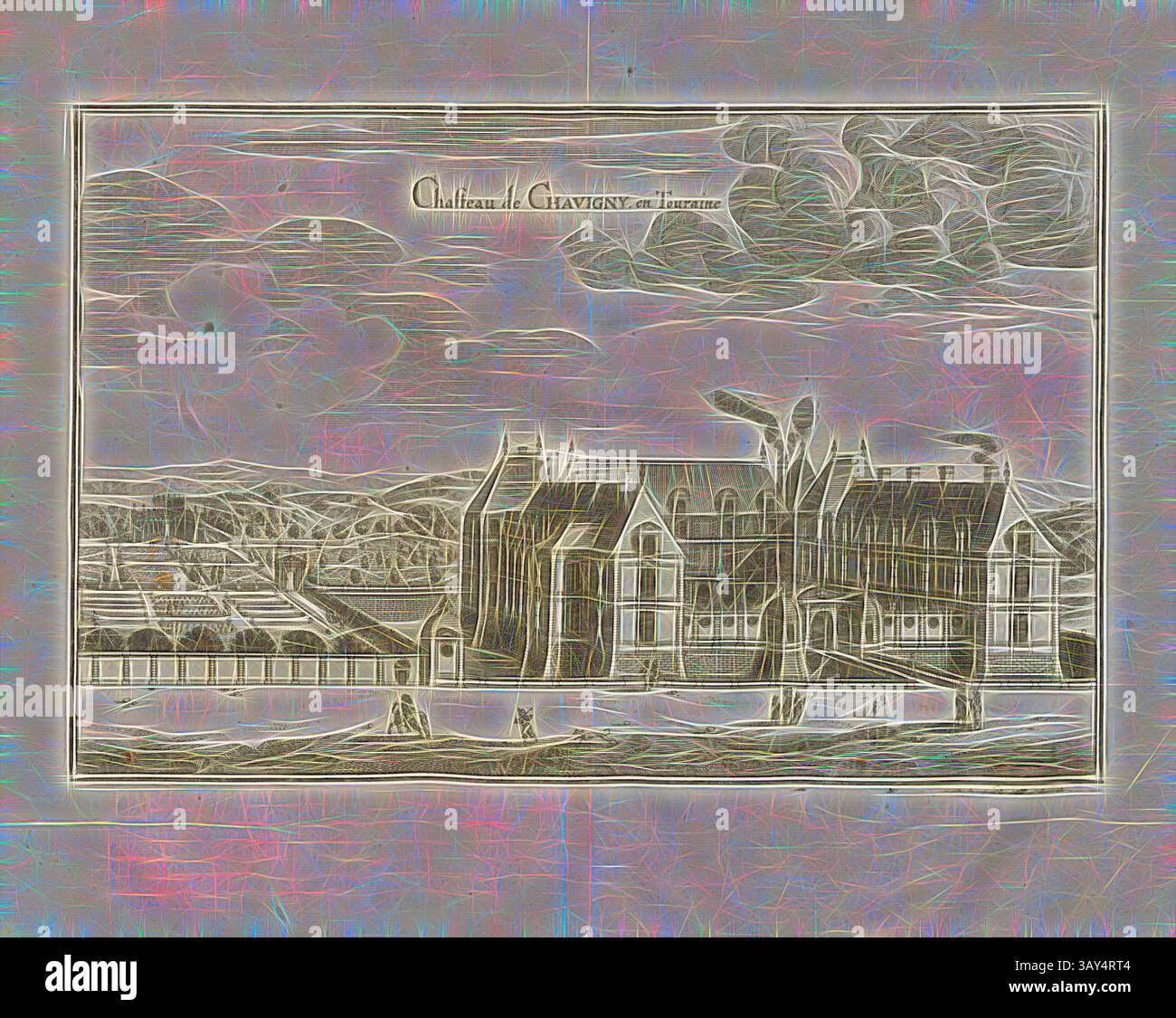 Gravure détaillée d'un grand château au milieu d'un paysage luxuriant, avec de vastes jardins et des collines lointaines sous un ciel spectaculaire. L'architecture élégante présente des éléments de conception complexes, soulignant l'importance historique du site., Chasteau de Chavigny en Touraine, Château de Chavigny, Fig. 50, septième partie, à la p. 22, Martin Zeiller : Topographia Galliae, oder, Beschreibung und Contrafaitung der vornehmbsten und bekantisten Oerter in dem mächtigen und grossen Königreich Franckreich : Beedes auss eygner Erfahrung und den besten und berühmbtesten Scribenten SO in underschiedlichen Banque D'Images