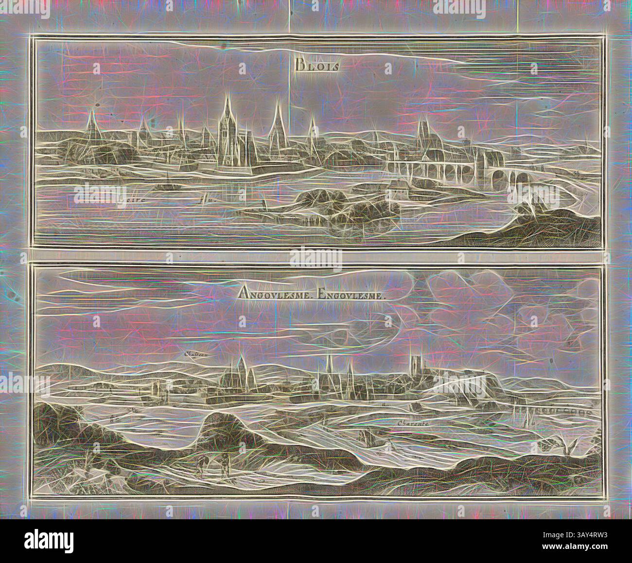 Une illustration détaillée présente deux vues panoramiques : la moitié supérieure présente Blois, caractérisée par son architecture et ses tours distinctes, tandis que la moitié inférieure présente Angoulême, avec ses paysages vallonnés et ses structures historiques. Les deux scènes mettent en valeur la beauté de ces lieux français, sur fond artistique stylisé., Blois et Angoulesme - Engoulesme, Blois avec Loire et Angoulême, Fig. 46, septième partie, après S.12, Martin Zeiller : Topographia Galliae, oder, Beschreibung und Contrafaitung der vornehmbsten und bekantisten Oerter in dem mächtigen und grossen Königreich Franckreich Banque D'Images