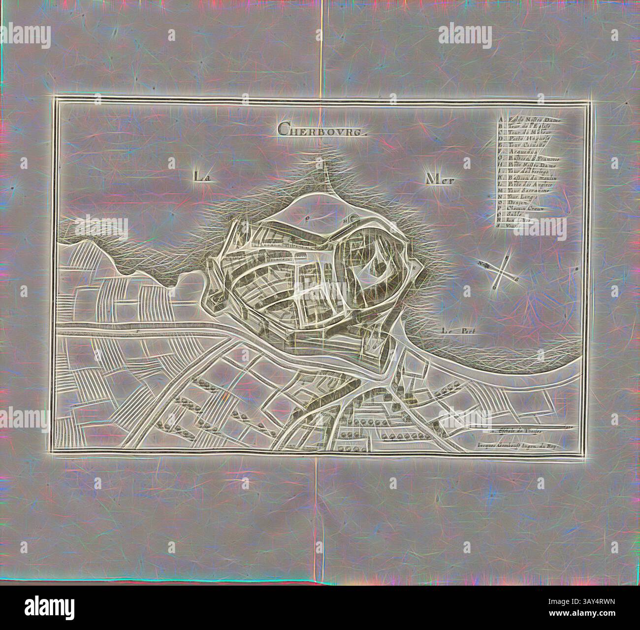 Une carte complexe représentant le tracé d'une forteresse côtière et de ses environs, avec des illustrations détaillées des routes, des bâtiments et des caractéristiques naturelles, soulignant la conception stratégique de l'emplacement., Cherbourg, Plan de Cherbourg-Octeville, signé : Iacques Gomboust Ingen., You Roy, Fig. 66, huitième partie, à la p. 10, Gomboust, Jacques, Martin Zeiller : Topographia Galliae, oder, Beschreibung und Contrafaitung der vornehmbsten und bekantisten Oerter in dem mächtigen und grossen Königreich Franckreich : Beedes auss eygner Erfahrung und den besten und berühmbtesten Scribenten So in Banque D'Images