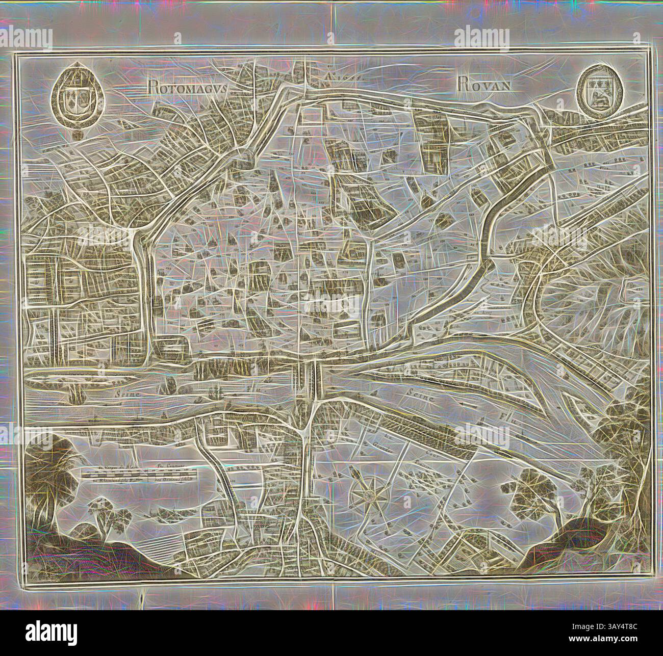 Une carte historique détaillée mettant en valeur une ville, avec des sections complexes représentant des rues, des voies navigables et des monuments, encadrées par des cartouches décoratives. Le tracé reflète l’aménagement urbain et la topographie de la zone au cours d’une période donnée, mettant en évidence ses caractéristiques géographiques et son aménagement urbain., Rotomagus Rouan, Plan de Rouen en 1655, Fig. 78, huitième partie, à la p. 30, Martin Zeiller : Topographia Galliae, oder, Beschreibung und Contrafaitung der vornehmbsten und bekantisten Oerter in dem mächtigen und grossen Königreich Franckreich : Beedes auss eygner Erfahrung und den besten und berühmbtesten Banque D'Images