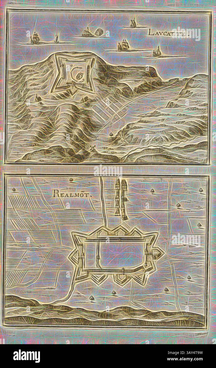 Une carte détaillée illustrant deux endroits distincts, avec des éléments topographiques, des fortifications et des paysages environnants, étiquetés « Lavayette » et « Realmot ». La conception comprend divers symboles et embellissements, renforçant son contexte historique et son flair artistique., Laucatte et Realmot, Plan de Leucat et Réalmont en France, Fig. 25, 11e partie, après p. 40, Martin Zeiller : Topographia Galliae, oder, Beschreibung und Contrafaitung der vornehmbsten und bekantisten Oerter in dem mächtigen und grossen Königreich Franckreich : Beedes auss eygner Erfahrung und den besten und Banque D'Images