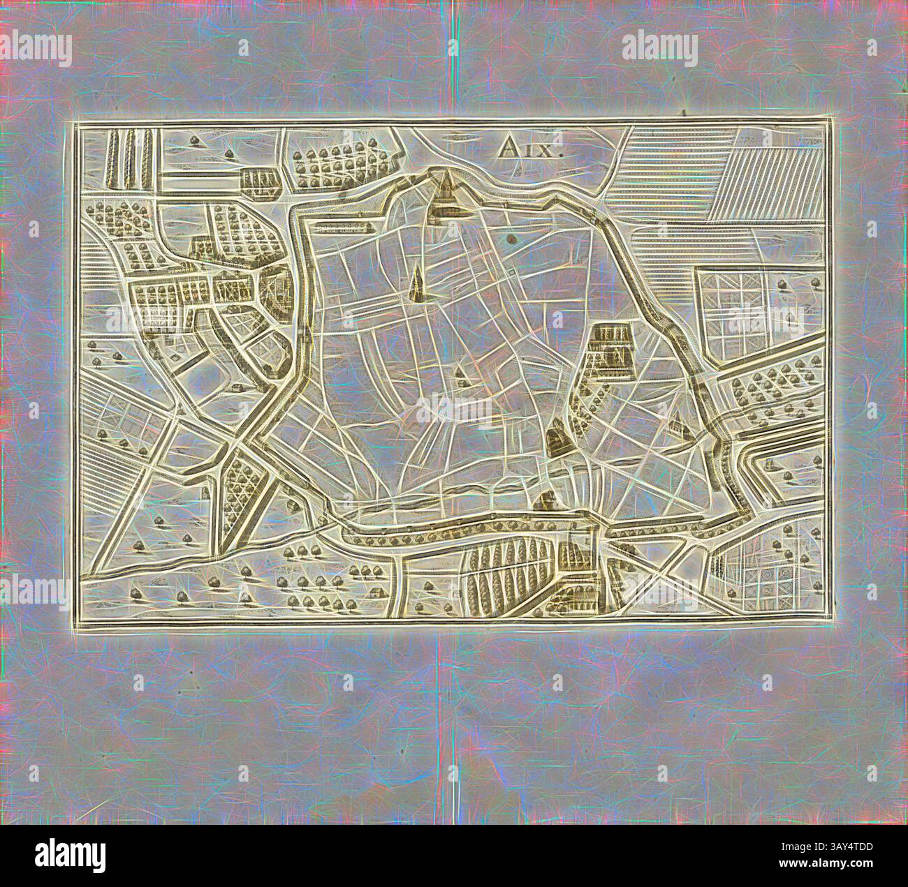 Une carte détaillée représentant un plan urbain historique, avec des chemins complexes, des structures et des terres agricoles environnantes, avec une zone centrale importante identifiée par un clocher. La conception met en évidence l'organisation géographique et l'architecture du lieu., Aix, Plan d'Aix-en-Provence en France, Fig. 39, 12e partie, après p. 8, Martin Zeiller : Topographia Galliae, oder, Beschreibung und Contrafaitung der vornehmbsten und bekantisten Oerter in dem mächtigen und grossen Königreich Franckreich : Beedes auss eygner Erfahrung und den besten und berühmbtesten Scribenten SO in Banque D'Images