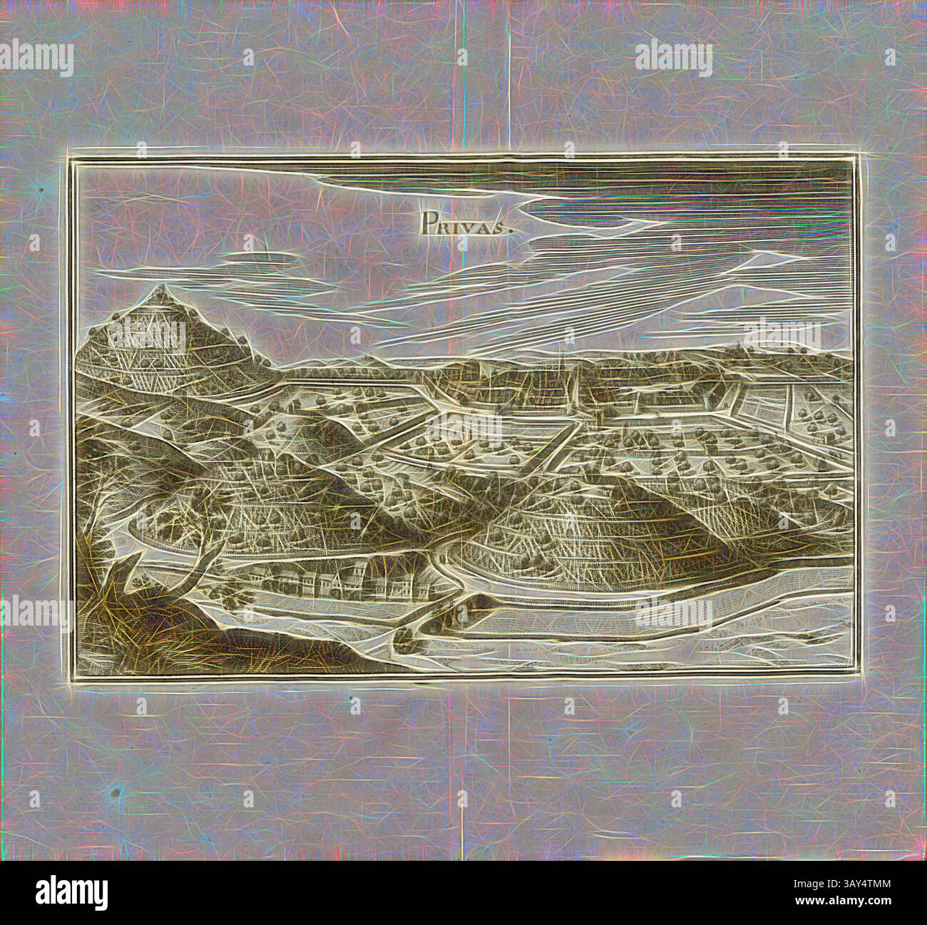 Un paysage détaillé d’anciens champs et structures en terrasses, mettant en valeur la conception complexe de l’agriculture et de l’établissement d’une civilisation, encadrée par des collines ondulantes et une montagne lointaine sous un ciel dynamique., Roquecourbe, Roquecourbe en France, Fig. 34, 11e partie, après p. 64, Martin Zeiller : Topographia Galliae, oder, Beschreibung und Contrafaitung der vornehmbsten und bekantisten Oerter in dem mächtigen und grossen Königreich Franckreich : Beedes auss eygner Erfahrung und den besten und berühmbtesten Scribenten SO in underschiedlichen Spraachen davon aussgangen seyn auch auss erlangten Banque D'Images