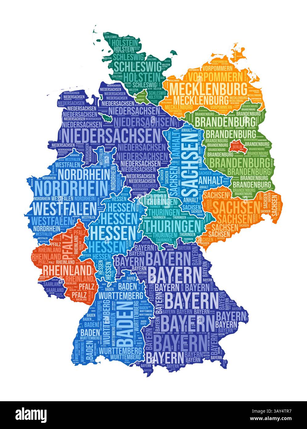 Forme de l'Allemagne. Nuage de mots de pays avec division de région. Allemagne illustration colorée. Nuage de noms de région. Illustration vectorielle. Illustration de Vecteur