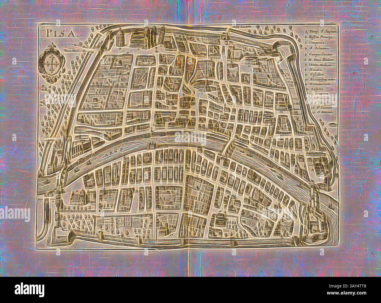 Une carte détaillée d'une ville avec des plans de rues complexes, des points de repère, et une rivière qui coule à travers le paysage, le tout présenté dans un style artistique qui rehausse son charme vintage., Pise, carte de Pise (Italie), Fig. 22, p. 108, 1640, Martin Zeiller : Itinerarium Italiae nov-antiquae oder Raiss-Beschreibung durch Italien : darinn nicht allein viel underschiedliche Weg durch das Welschland selbsten [...]. Frankfurt am Mayn : In Verlegung Matthaei Merians, M.DC.XL. [1640], Art classique avec une touche moderne réinventé par Artotop Banque D'Images