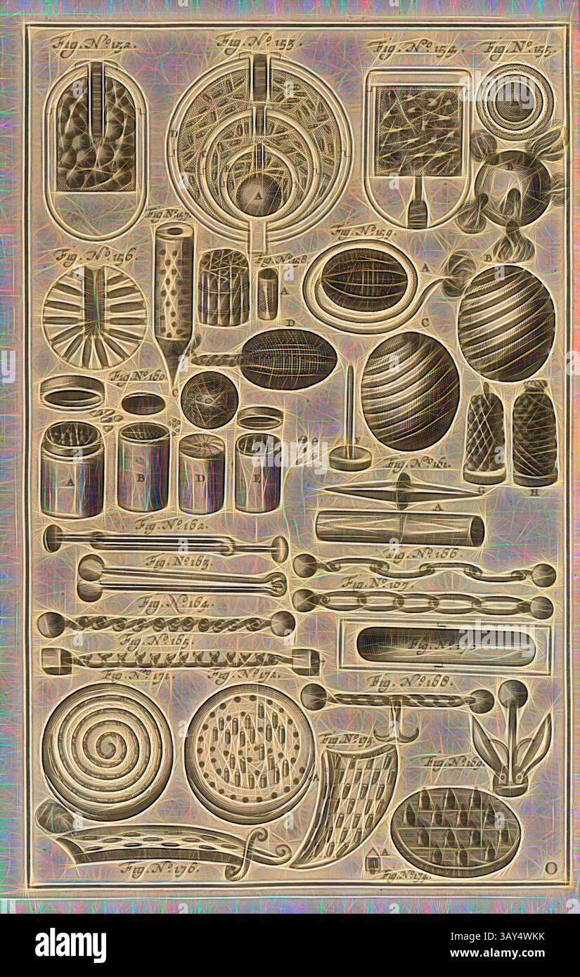 Une collection de dessins complexes présentant diverses formes géométriques et motifs, y compris des spirales, des sphères et des formes cylindriques, tous méticuleusement disposés dans un agencement informatif., Fireworks 3, gravure sur cuivre, Fig. 152-174, planche O, 1650, Casimiri Siemienowicz : Artis magnae artilleriae : pars prima. Amsterodami : apud...Ianssonium, 1650, Art classique avec une touche moderne réinventé par Artotop Banque D'Images