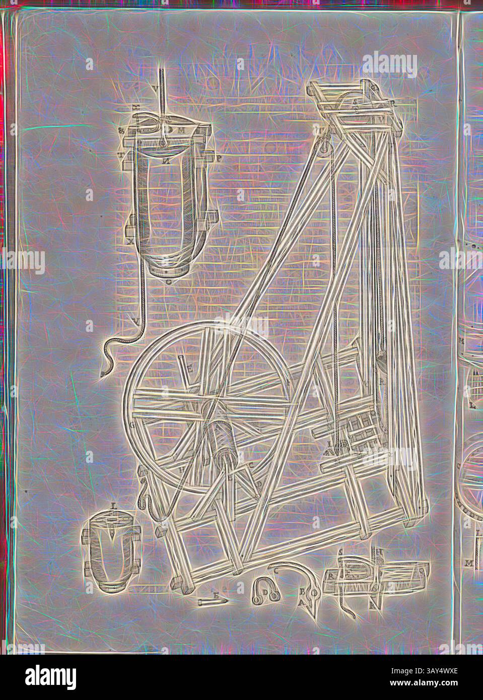 Une illustration détaillée d'une configuration de roue qui tourne, avec des composants complexes comme une broche, une roue et un cadre de support, montrant l'artisanat et la conception de machines textiles., treuil, illustration d'un treuil pour le Siebelund du 16ème siècle, Fig. 4, p. 206, 1507, Lorini Buonaiuto : delle fortificationi di Buonaiuto Lorini libri cinque : ne' qvali si mostra con le piv facili regole la scienza con la pratica, di Foritficare le città, & altri luoghi sopra diuersi siti con tvtti gli avvertimenti, che per intelligenza di matertal ia possono occorrere. Libro quinto. En Venetia Banque D'Images Une illustration détaillée d'une configuration de roue qui tourne, avec des composants complexes comme une broche, une roue et un cadre de support, montrant l'artisanat et la conception de machines textiles., treuil, illustration d'un treuil pour le Siebelund du 16ème siècle, Fig. 4, p. 206, 1507, Lorini Buonaiuto : delle fortificationi di Buonaiuto Lorini libri cinque : ne' qvali si mostra con le piv facili regole la scienza con la pratica, di Foritficare le città, & altri luoghi sopra diuersi siti con tvtti gli avvertimenti, che per intelligenza di matertal ia possono occorrere. Libro quinto. En Venetia Banque D'Images