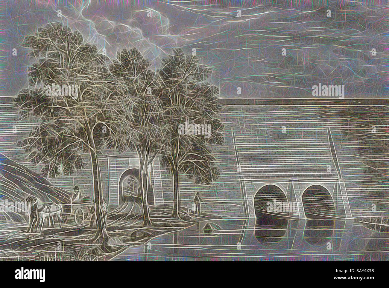 Un paysage serein avec deux arbres majestueux à côté d'un plan d'eau tranquille, avec une structure en arrière-plan. Les chevaux paissent paisiblement tandis que les personnages s'engagent dans des activités lointaines, créant un sentiment d'harmonie avec la nature., aqueduc de Croton à Yonkers, aqueduc de Croton à Yonkers à New York, signé : F. B. Tower ; W. Bennett (SC.), fig. 16, PL. XVIII, après p. 108, Tour, Fayette B. ; Bennett, William James (SC.), Fayette Bartholomew Tower : illustrations de l'aqueduc de Croton. New York : Wiley & Putnam, 1843, Art classique avec une touche de modernité réinventé par Artotop Banque D'Images