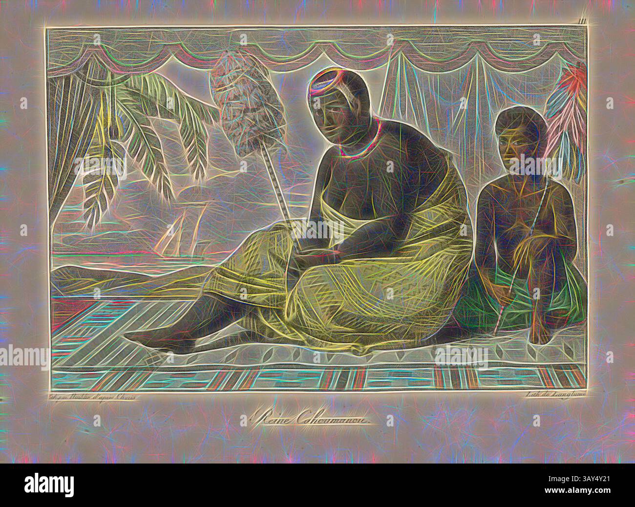Deux personnes s'assoient dans un cadre serein, orné d'une tenue traditionnelle, avec un feuillage tropical luxuriant en arrière-plan. La composition capte un sentiment de contemplation et de richesse culturelle, en mettant l'accent sur leurs expressions et les détails de leur environnement., Reine Cahoumanou, Reine Ka ahumanu, signé : lith., par Norblin d'apres Choris, Lith de Langlume, Fig. 3, après p. 24, p. 167, Choris, Louis ; Norblin, Jean-Pierre ; Langlumé, Josehp (lith.), 1822, Louis Choris : voyage pittoresque autour du monde, avec des portraits de sauvages d'Amérique, d'Asie, d'Afrique, et des îles du Grand Ocean Banque D'Images