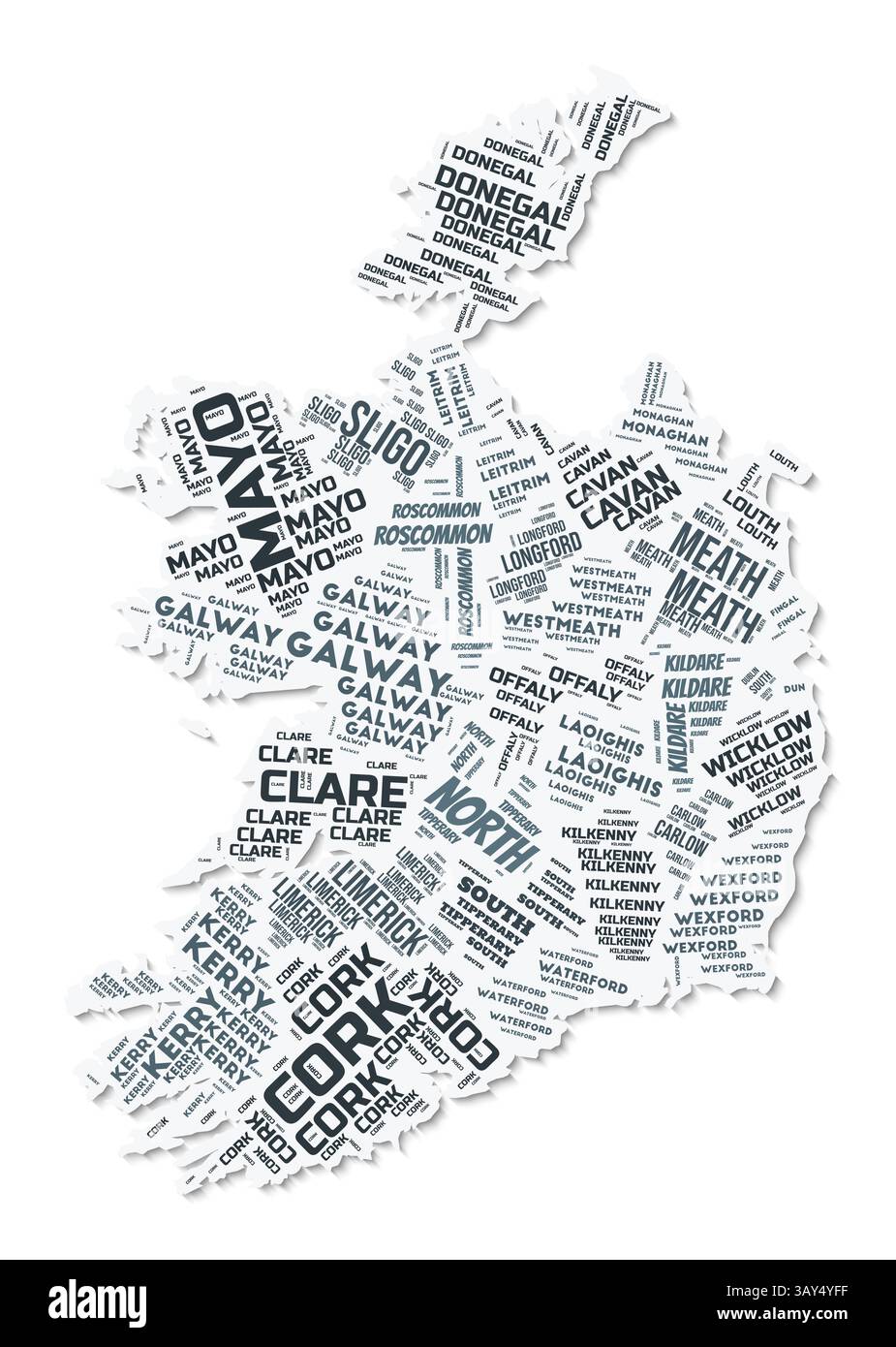 Nuage de texte de forme Irlande. Frontière de pays avec ombre sur fond blanc. Irlande avec division des régions dans le style vintage gazette. Illustration de Vecteur