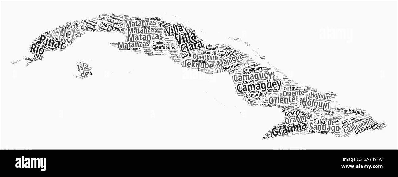 Régions de style de texte Cuba. Pays région nomme les nuages de mots en langue espagnole. Illustration vectorielle créative. Illustration de Vecteur
