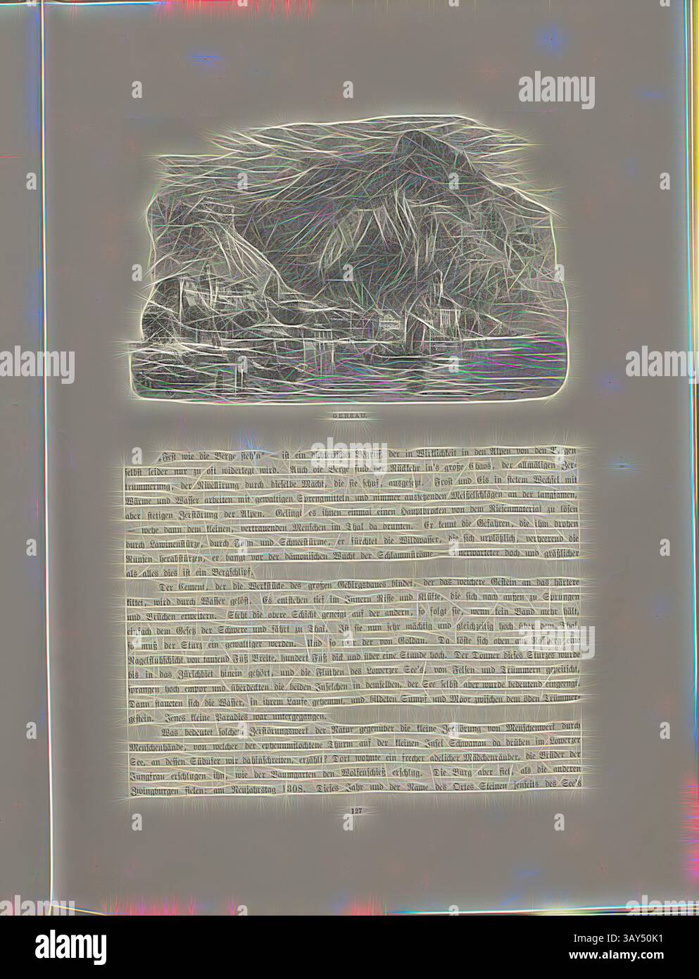 Une illustration détaillée d'un paysage montagneux est positionnée au-dessus d'un bloc de texte, qui comporte une description complexe, éventuellement liée à la géographie ou à l'histoire de la scène représentée. Le texte est dense et formaté en paragraphes, fournissant probablement un contexte ou un commentaire sur la zone illustrée., Gersau, vue de Gersau avec le mont Rigi-Hochflue en arrière-plan du XIXe siècle, signé : G. BFD, Fig. 108, p. 127, Bauernfeind, Gustav, Woldemar Kaden : Das Schweizerland : eine Sommerfahrt durch Gebirg und Thal. Stuttgart : Engelhorn, 1875, Art classique avec une touche moderne Banque D'Images